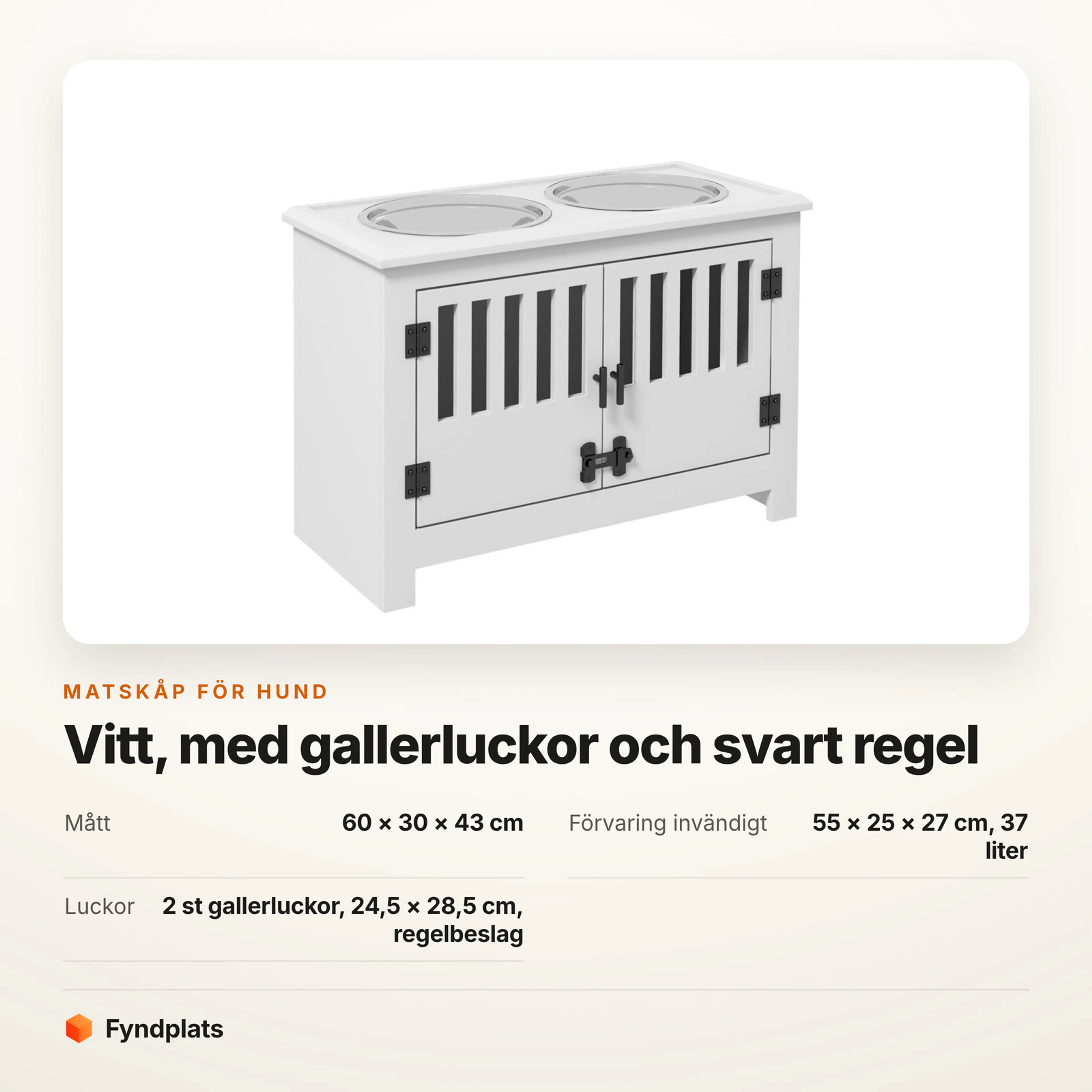 Faktakort: matskåp 60 × 30 × 43 cm med 37 liter förvaring bakom gallerluckor