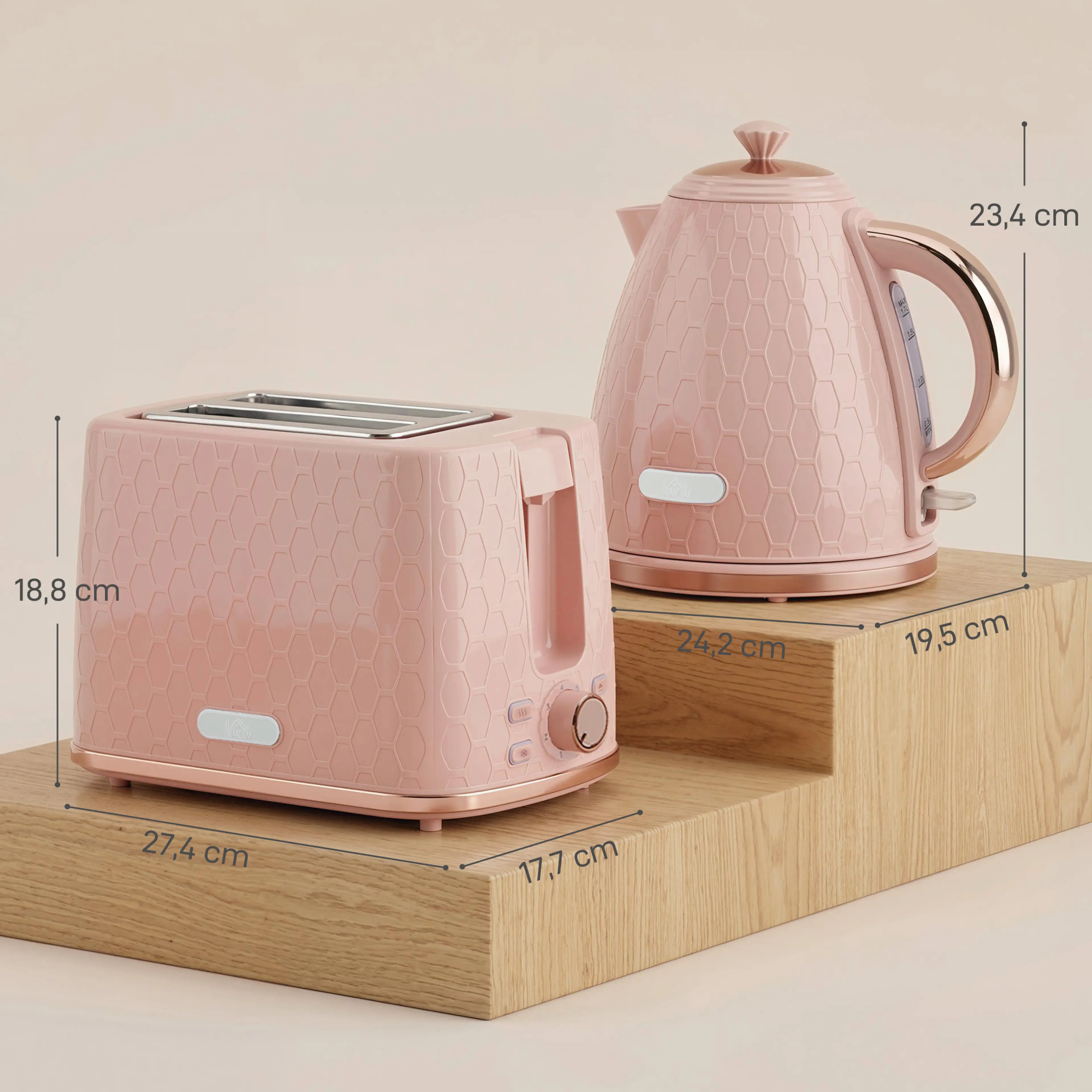 Måttskiss över setet: brödrosten 27,4 × 17,7 × 18,8 cm och kokaren 24,2 × 19,5 × 23,4 cm
