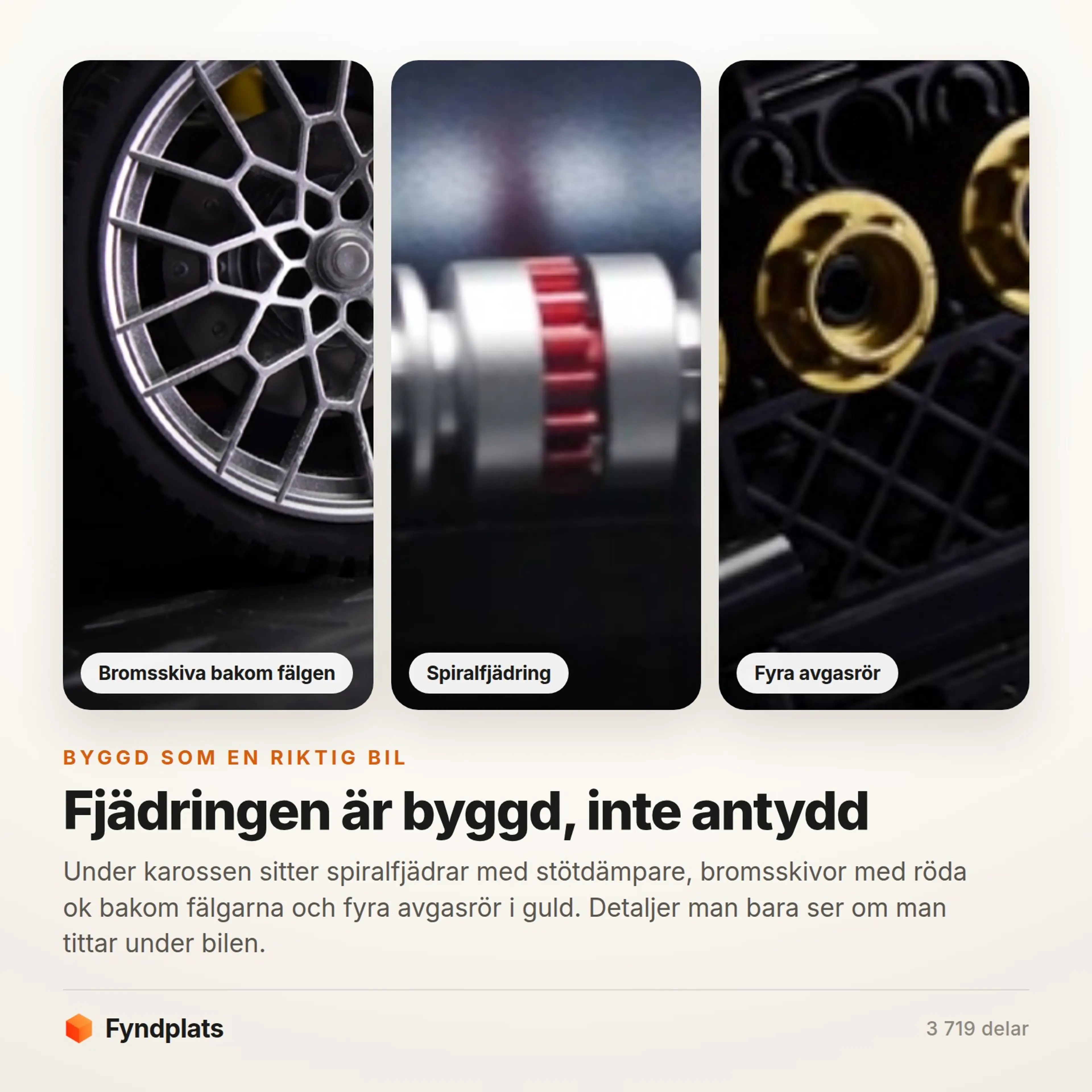 Fyndplats-kort: närbilder på bromsskivan bakom fälgen, spiralfjädringen och de fyra avgasrören