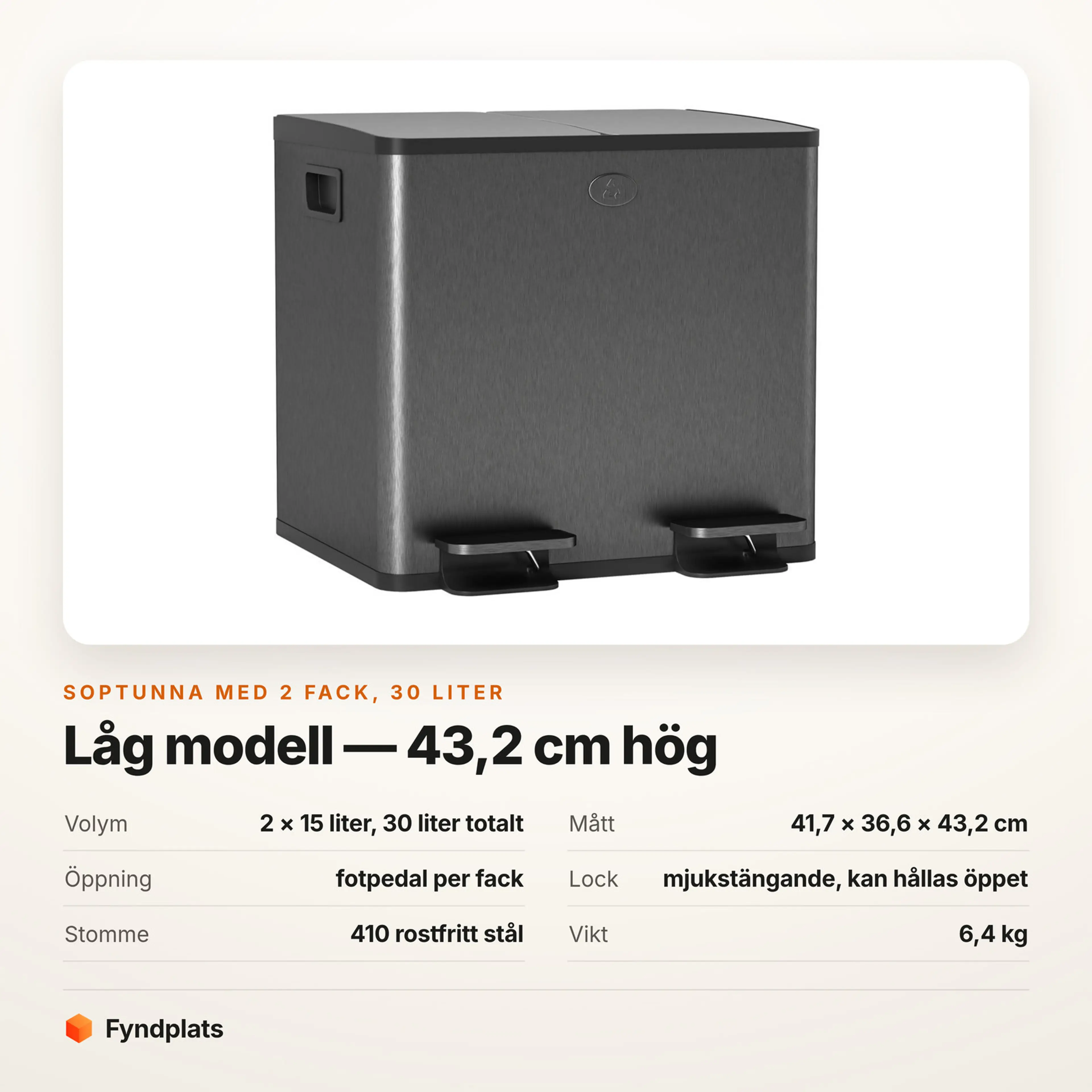 Faktakort: soptunna med två fack 30 liter, mått, öppning, lock och stommens material