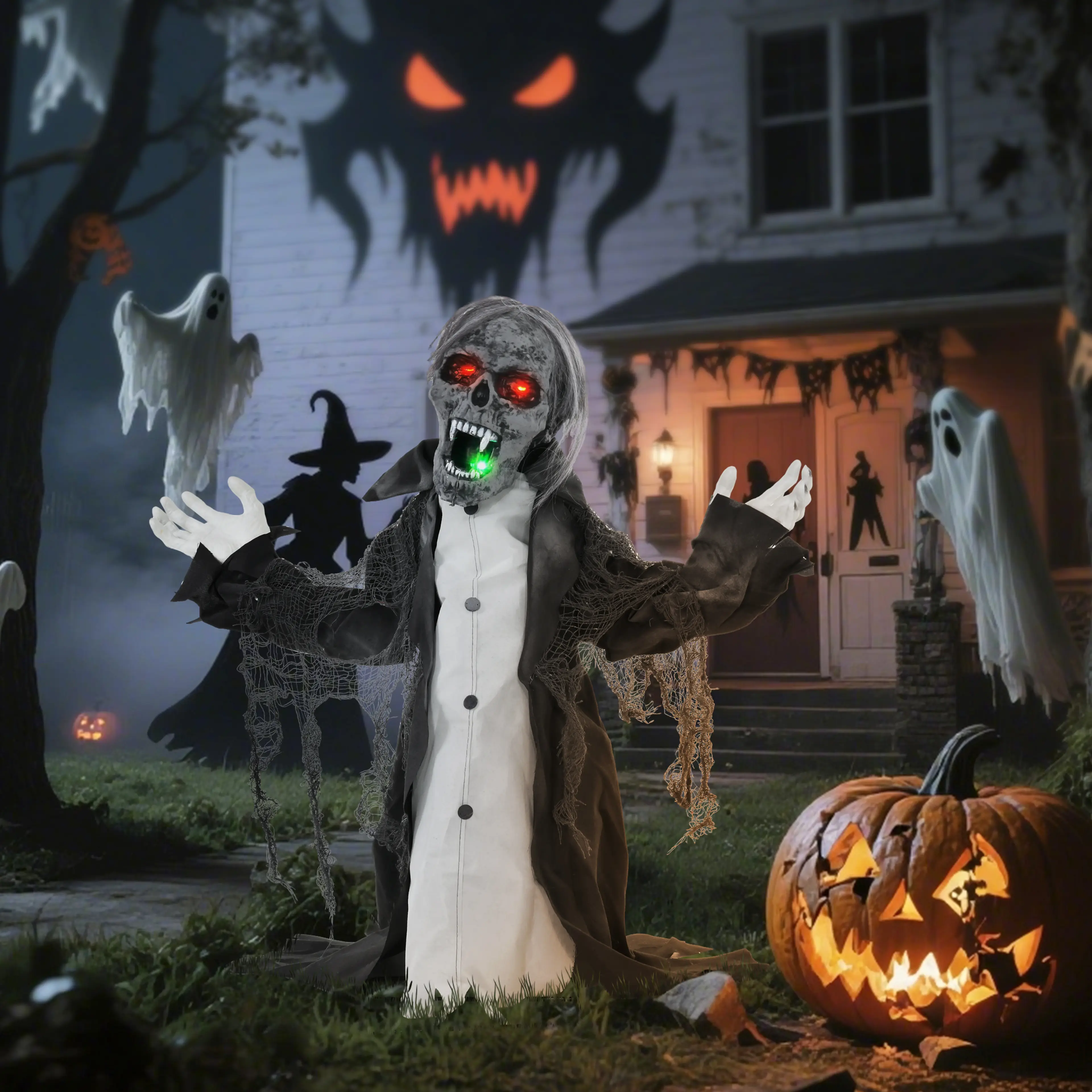 Skelettet framför ett hus pyntat för halloween