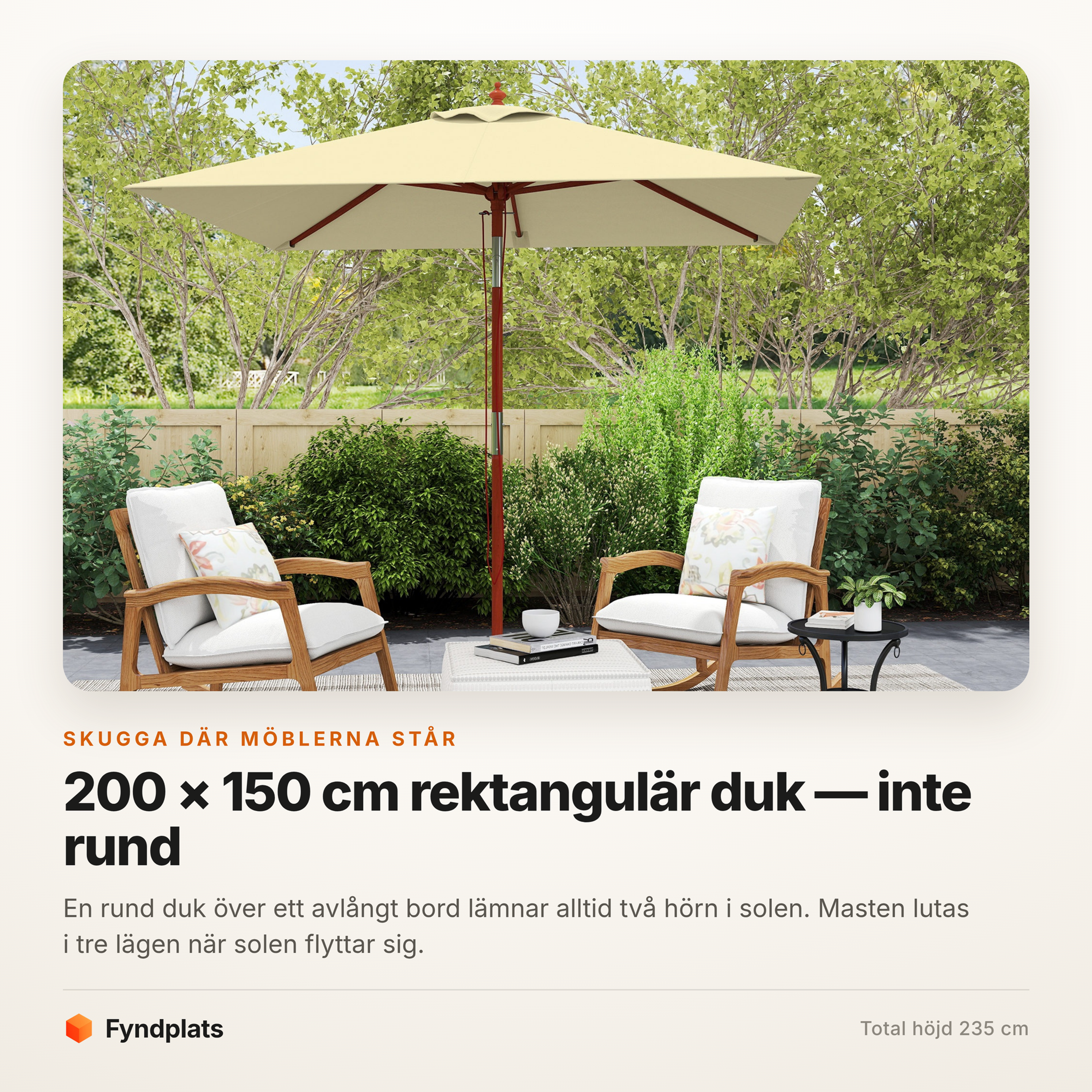 Fyndplats-kort: rektangulär duk på 200 × 150 cm i stället för rund