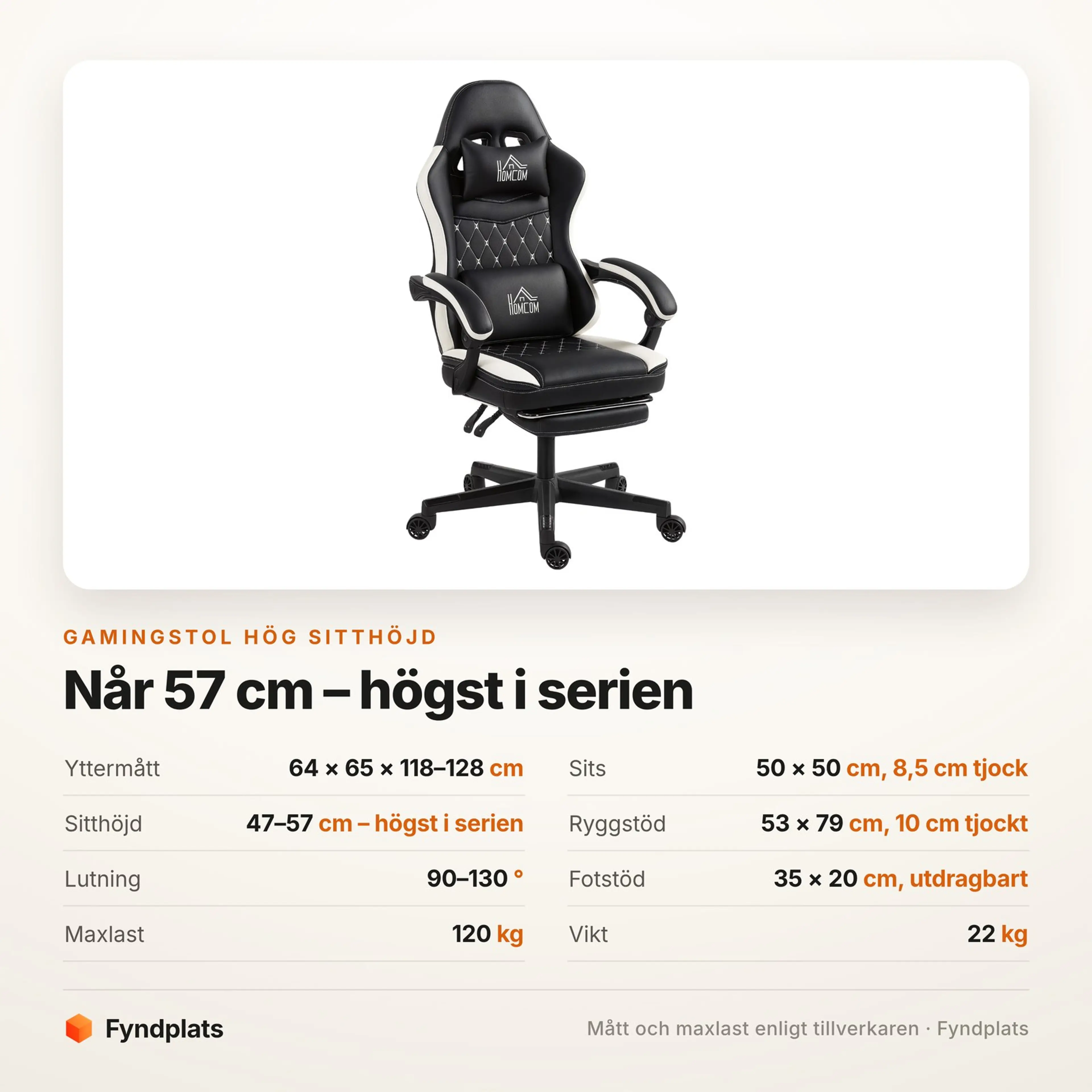 Spec-kort för gamingstolen: sitthöjd 47–57 cm, sits 8,5 cm tjock, fotstöd 35 × 20 cm och 120 kg maxlast