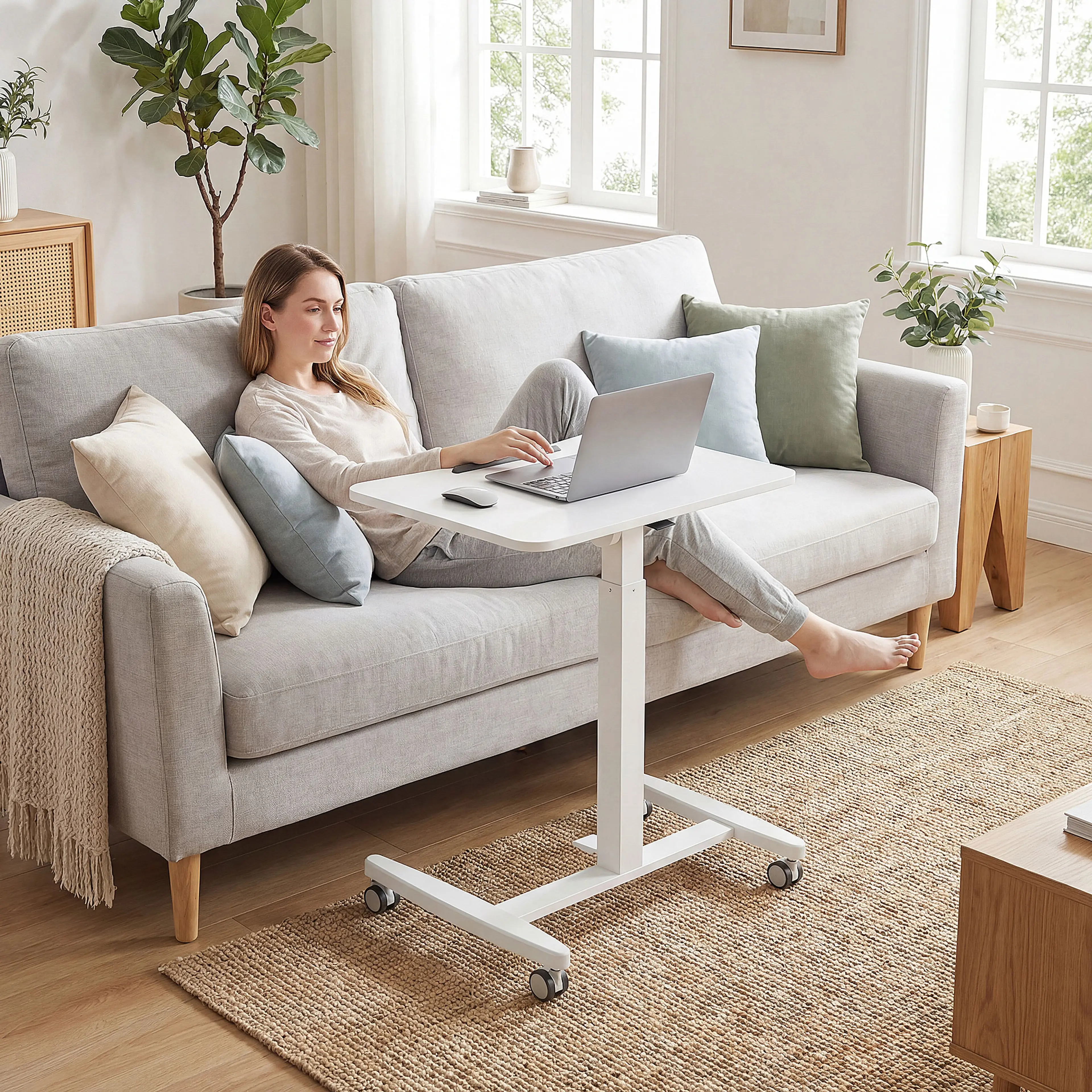 Bordet står framför en soffa med en laptop på den plana skivan