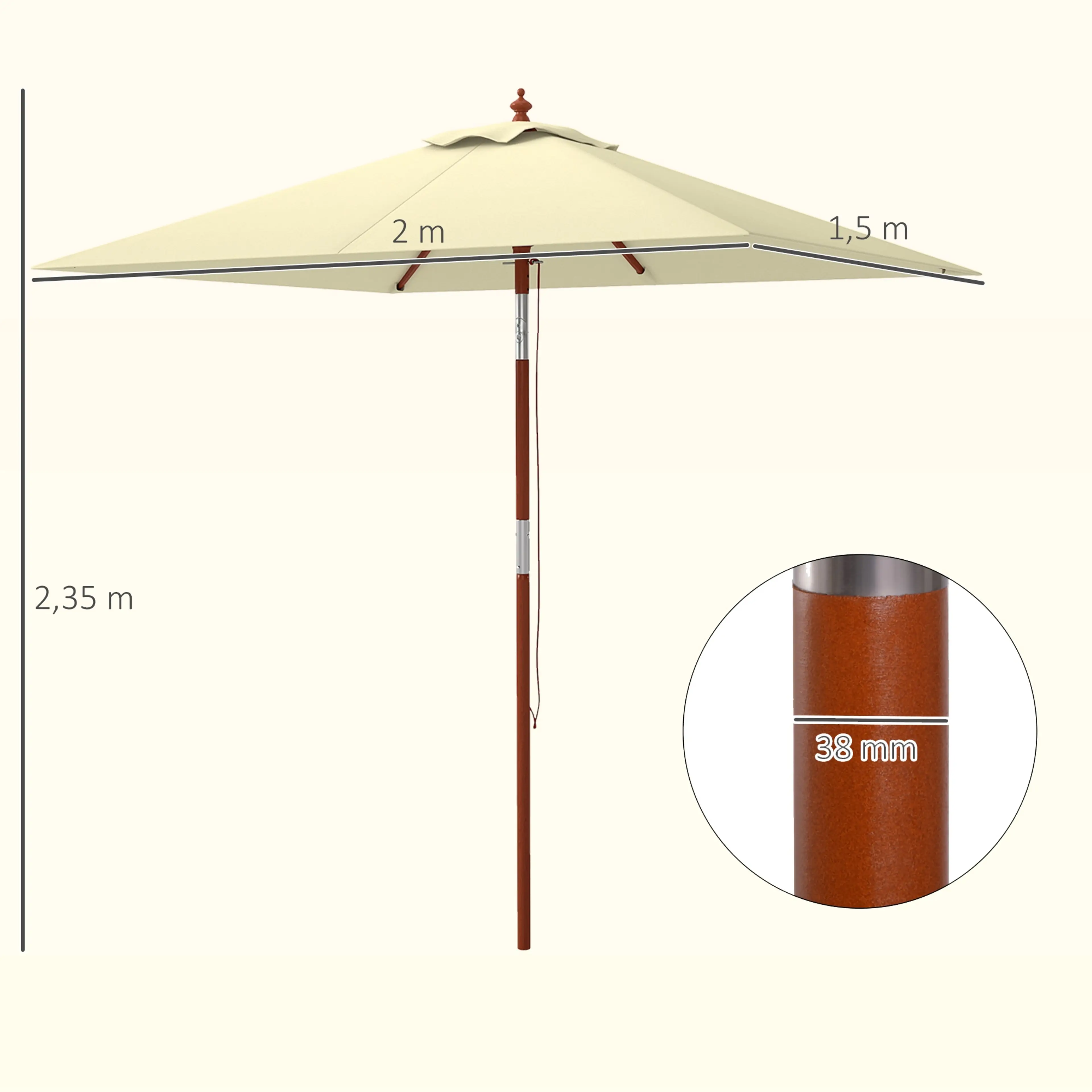 Måttskiss med dukens 2 × 1,5 m, höjden 2,35 m och stångens 38 mm