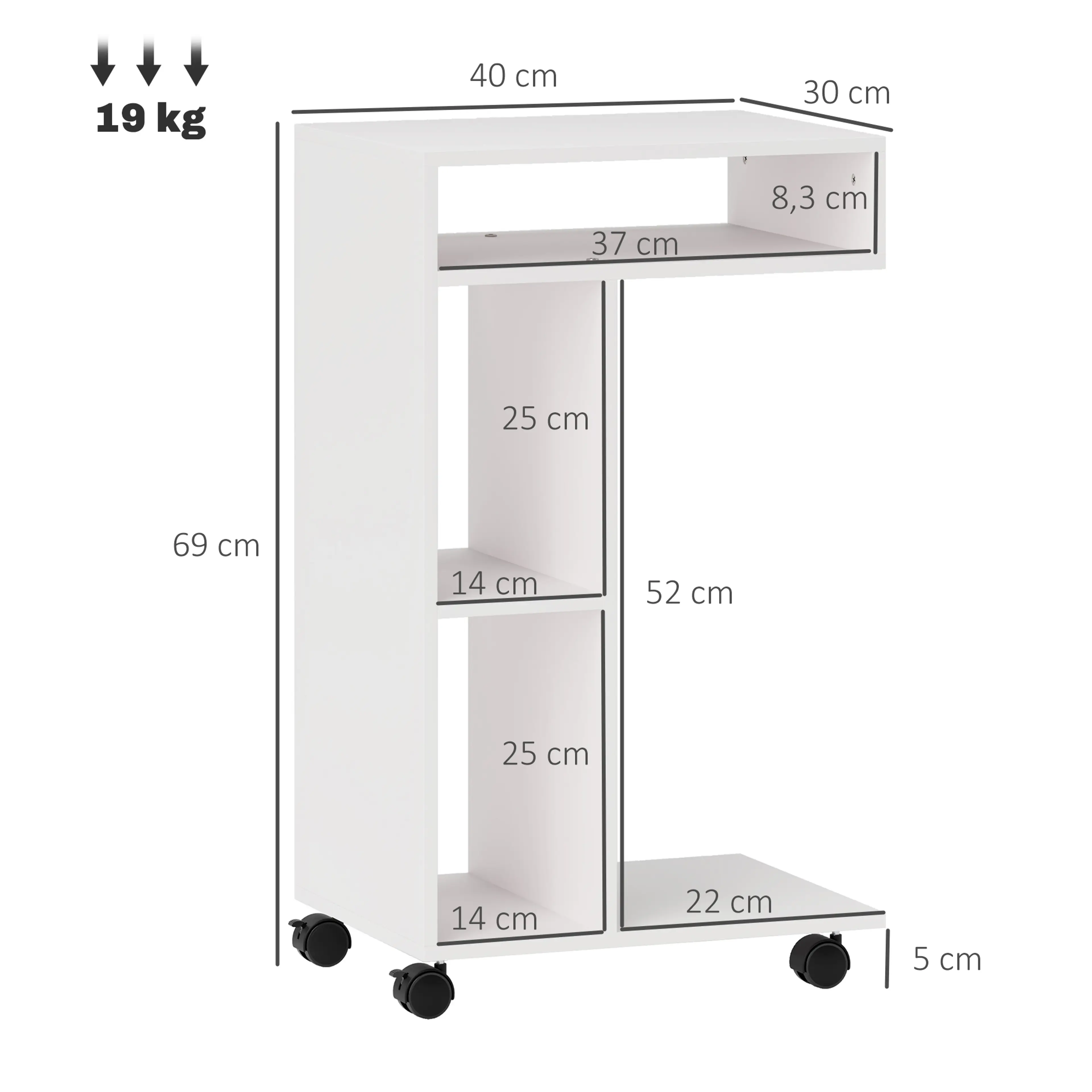 Måttbild: bordet är 40 cm brett, 30 cm djupt och 69 cm högt och bär 19 kg
