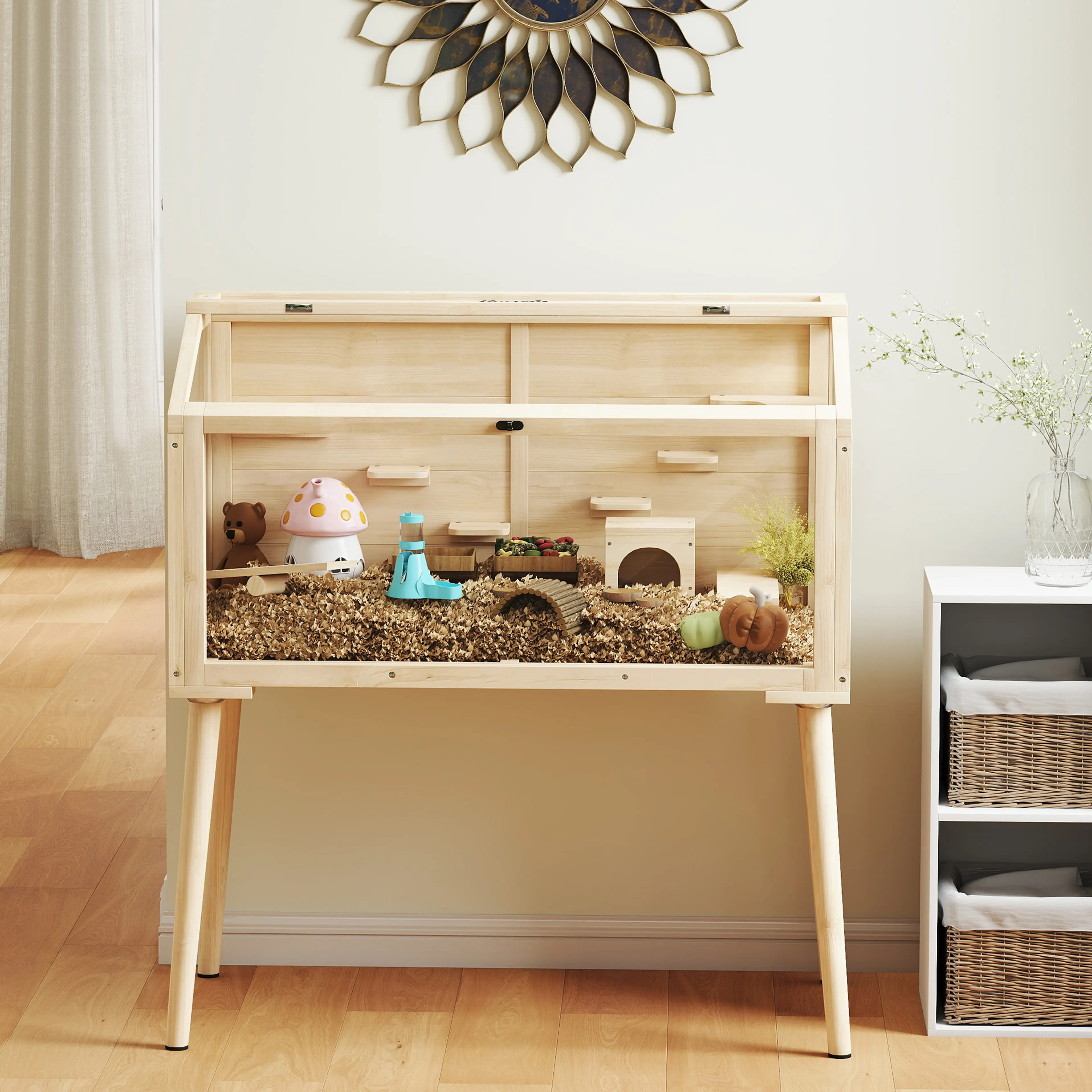 Stor hamsterbur 110 cm i trä på ben, ett öppet plan – bild 4