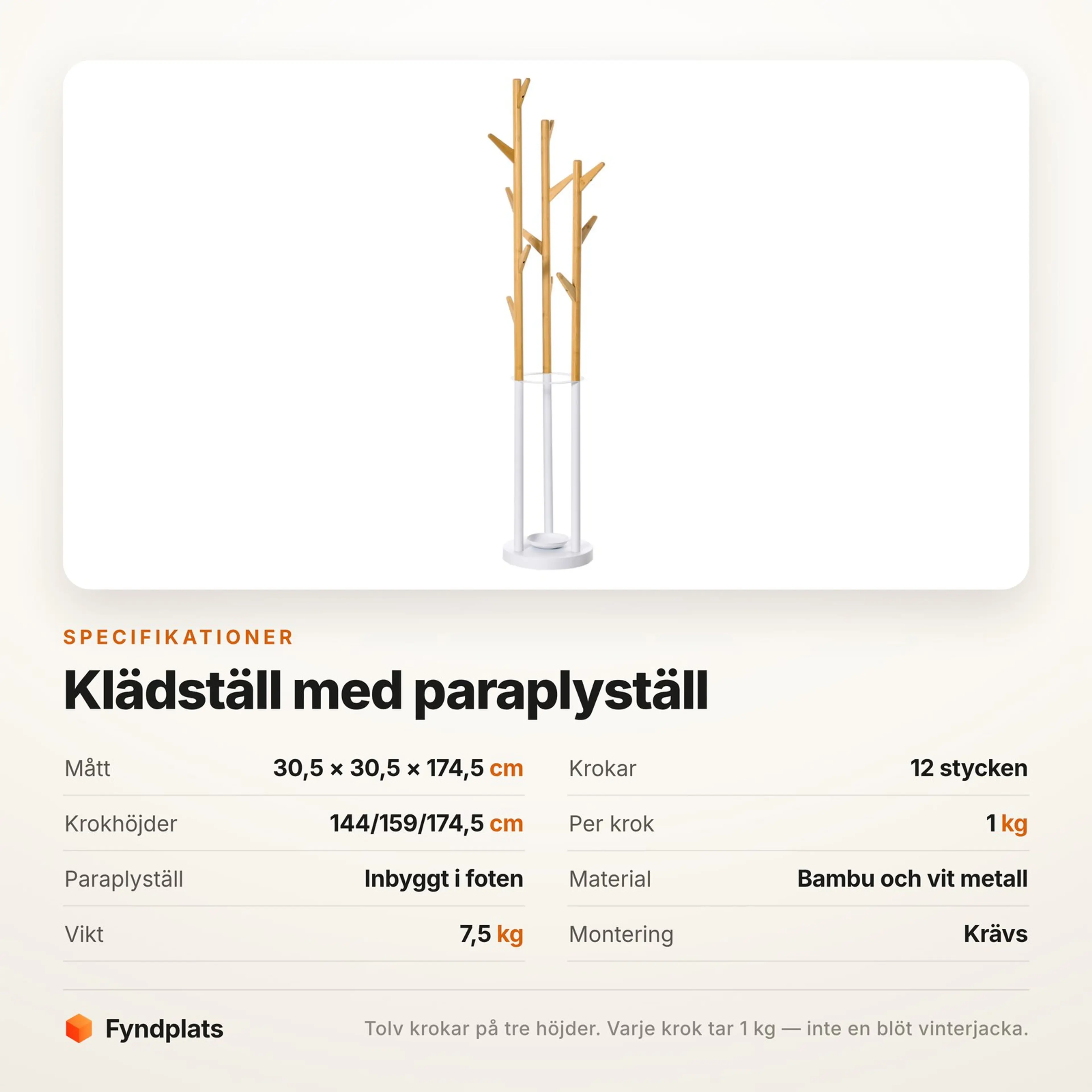 Fyndplats specifikationskort med klädställets mått, krokhöjder och last per krok