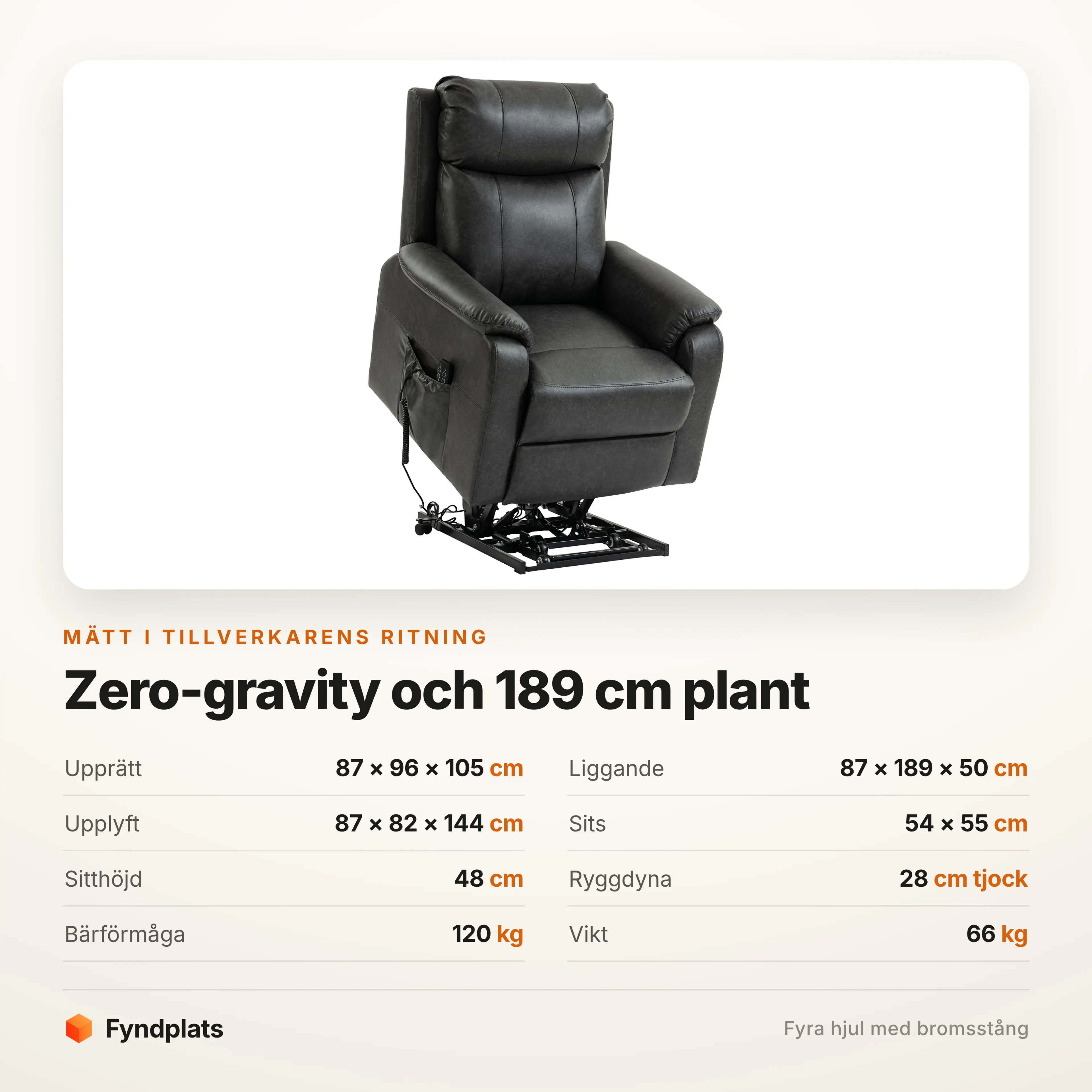 Specifikationer: 87 × 96 × 105 cm, 189 cm plant, bär 120 kg