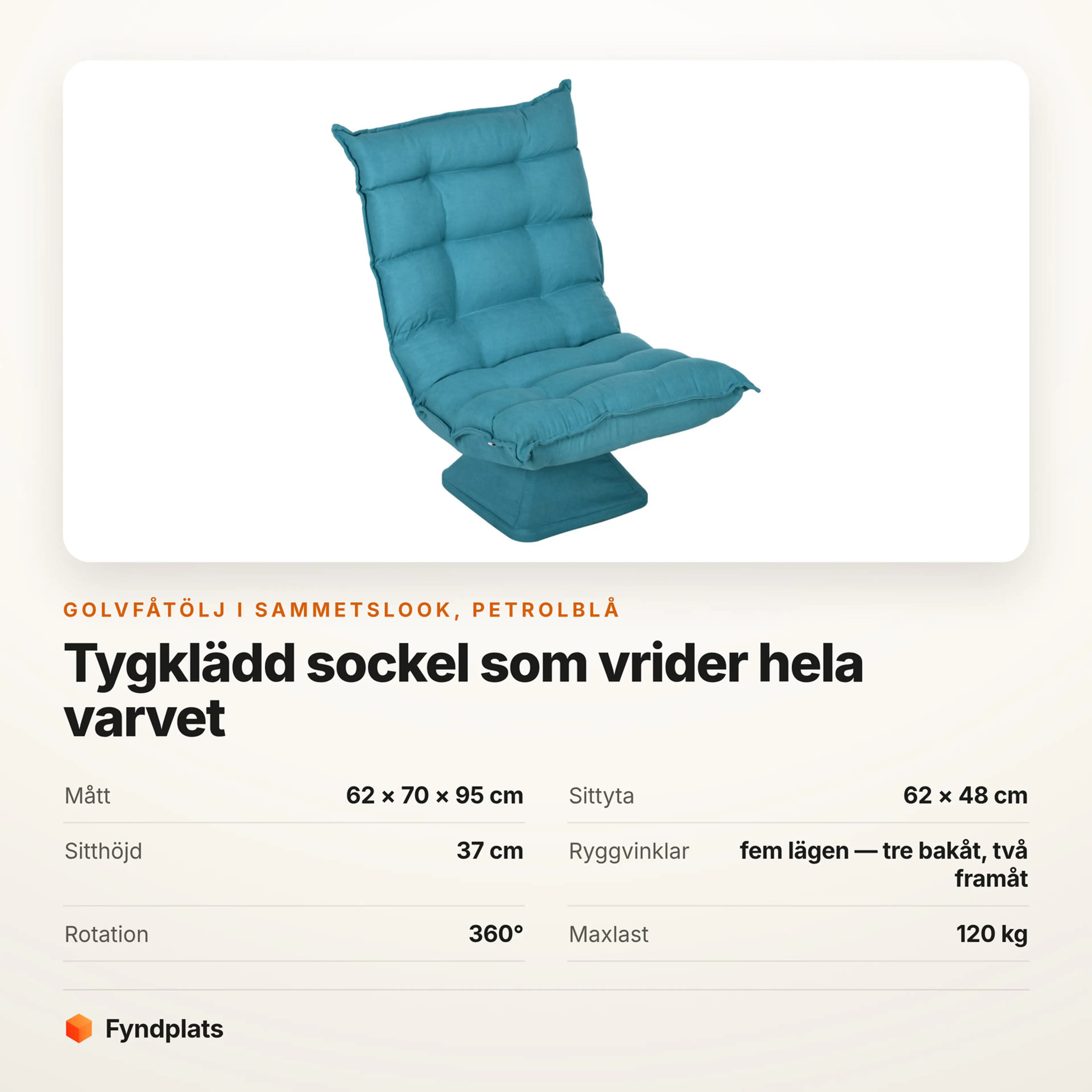 Golvfåtölj i petrolblå sammetslook – Faktakort med mått, sitthöjd, ryggvinklar, rotation och maxlast