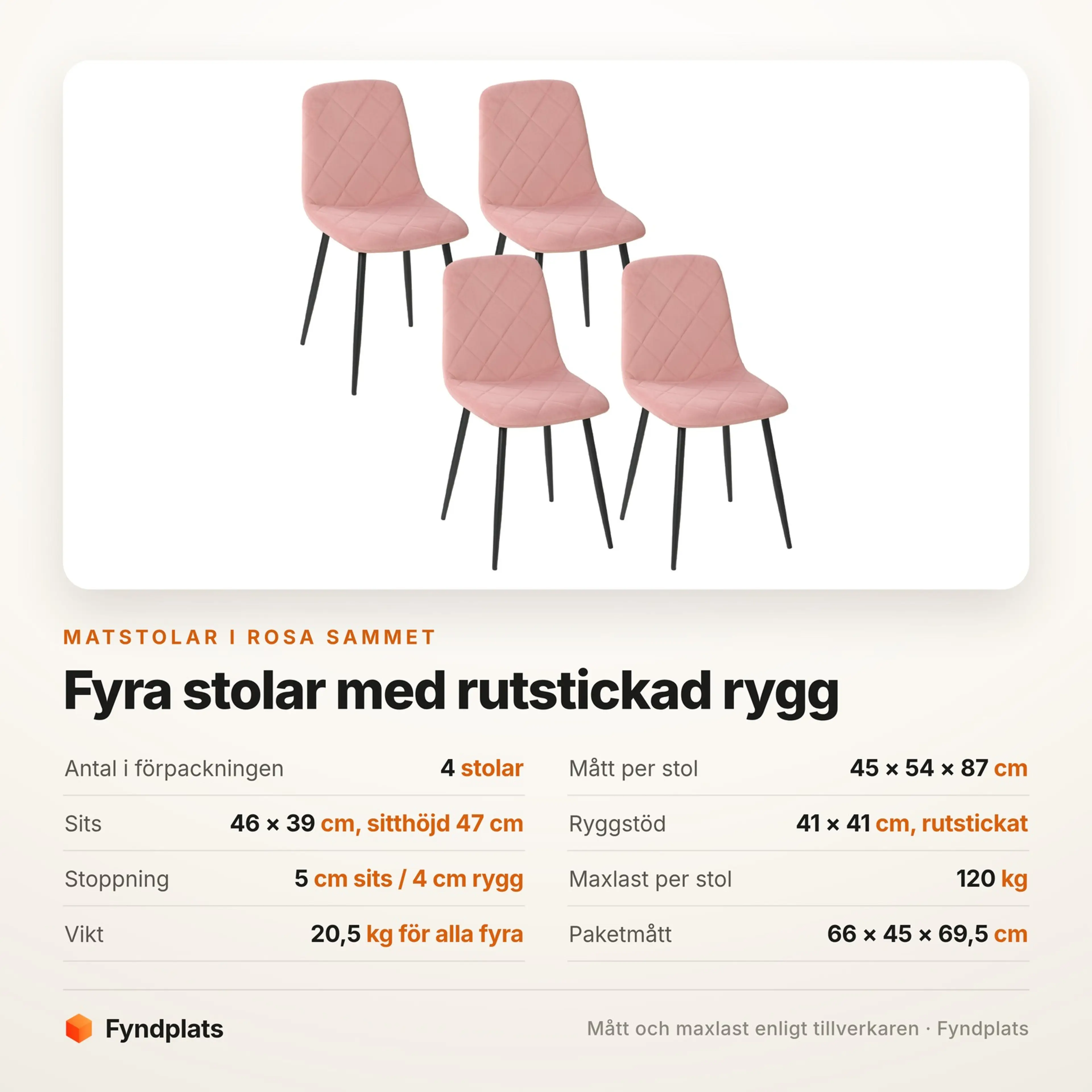 Spec-kort för matstolarna: 4 i förpackningen, rutstickad rygg och 120 kg per stol