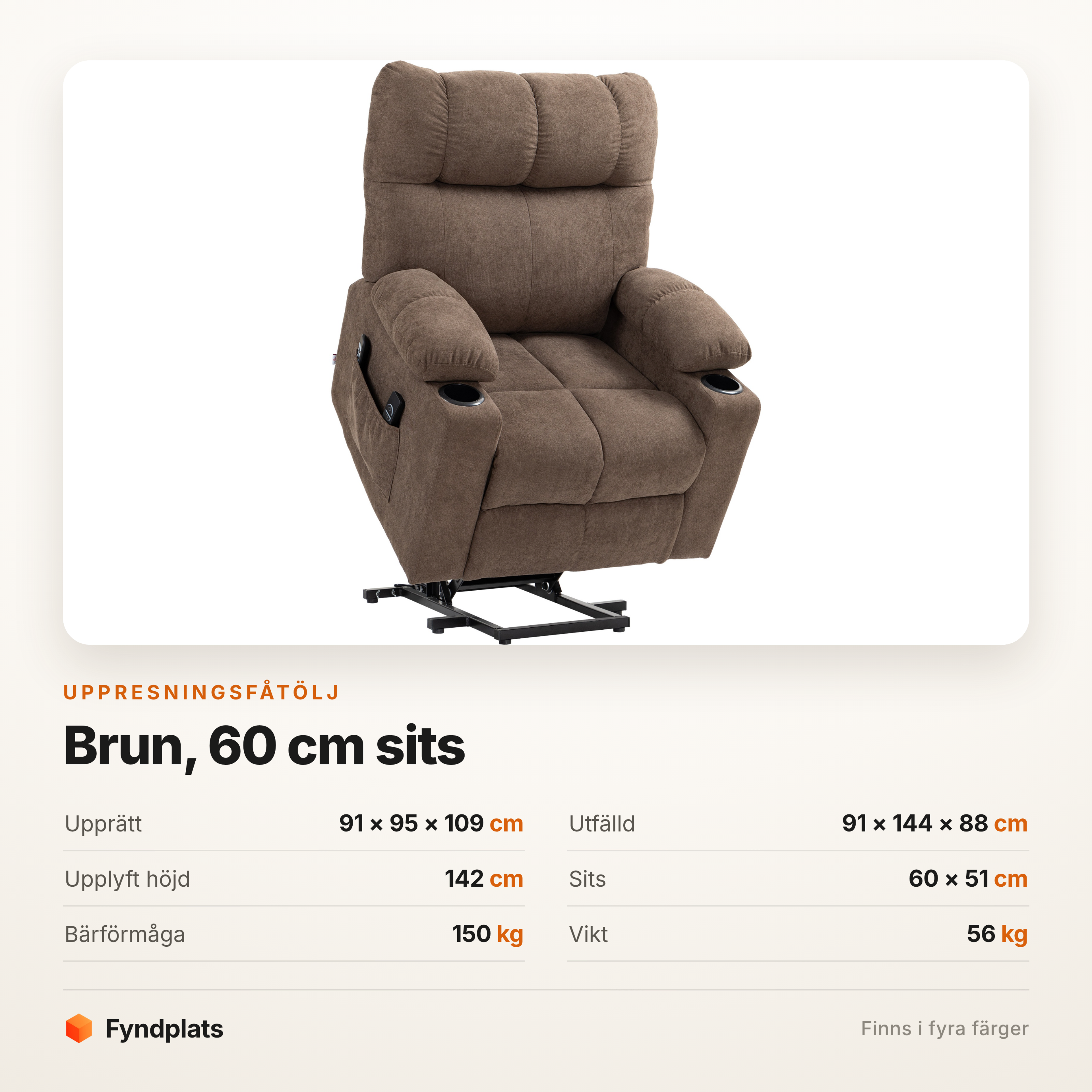 Uppresningsfåtölj brun med mugghållare – massage, ländvärme och 60 cm sits – bild 5