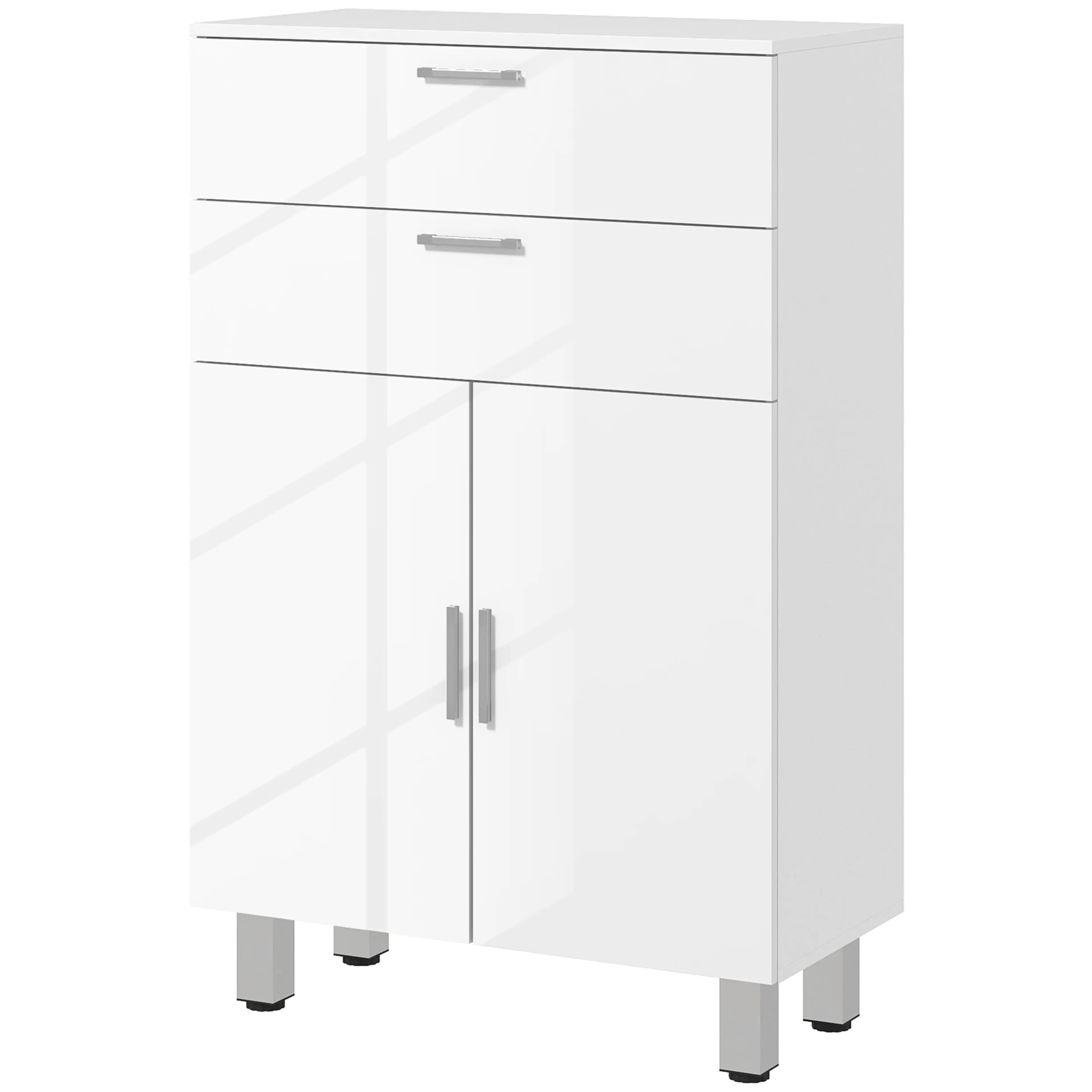 Badrumsskåp i vit högglans 60 × 93 cm – två lådor, skåp och justerbara ben
