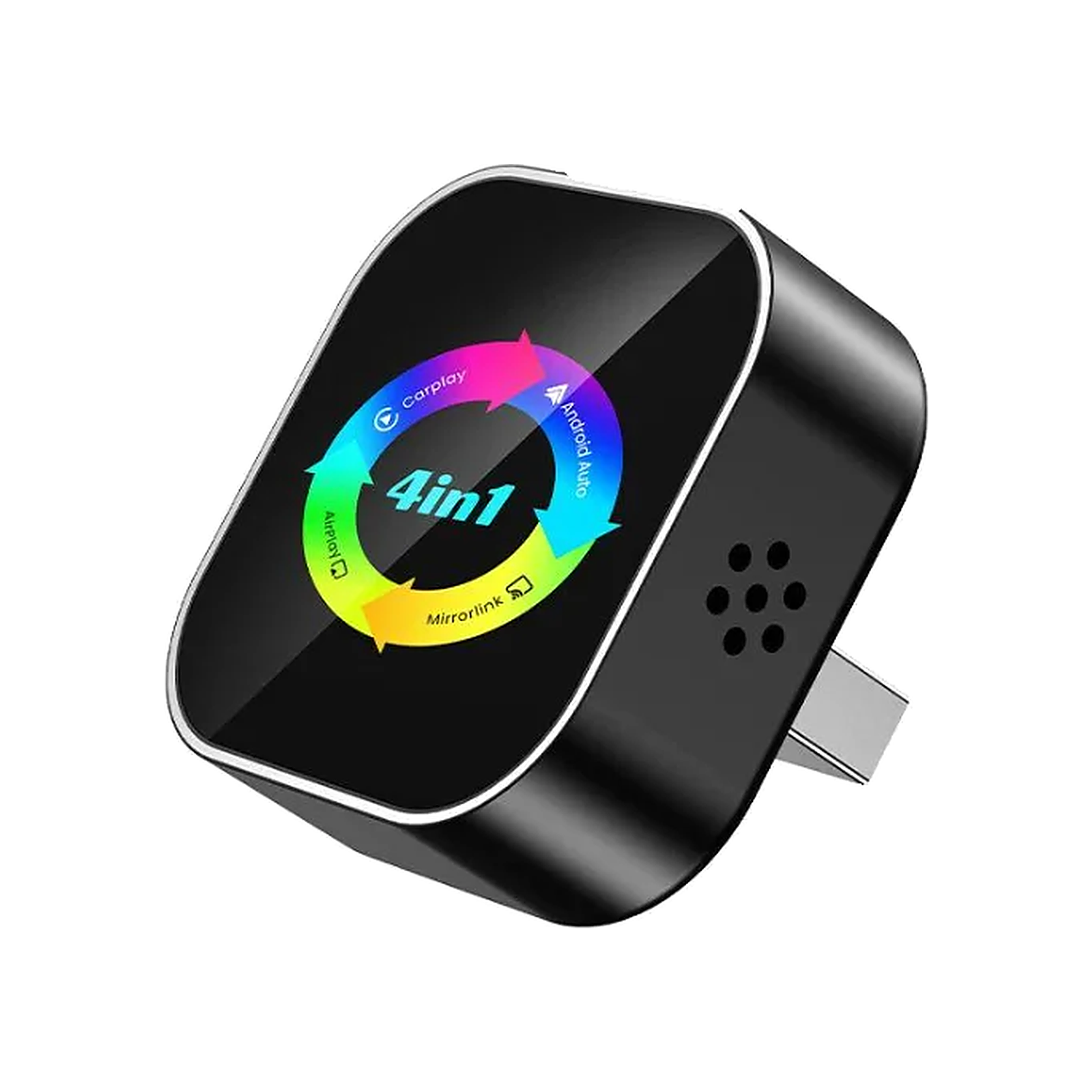 Trådlös CarPlay-adapter i svart med rund färgdisplay mot vit bakgrund