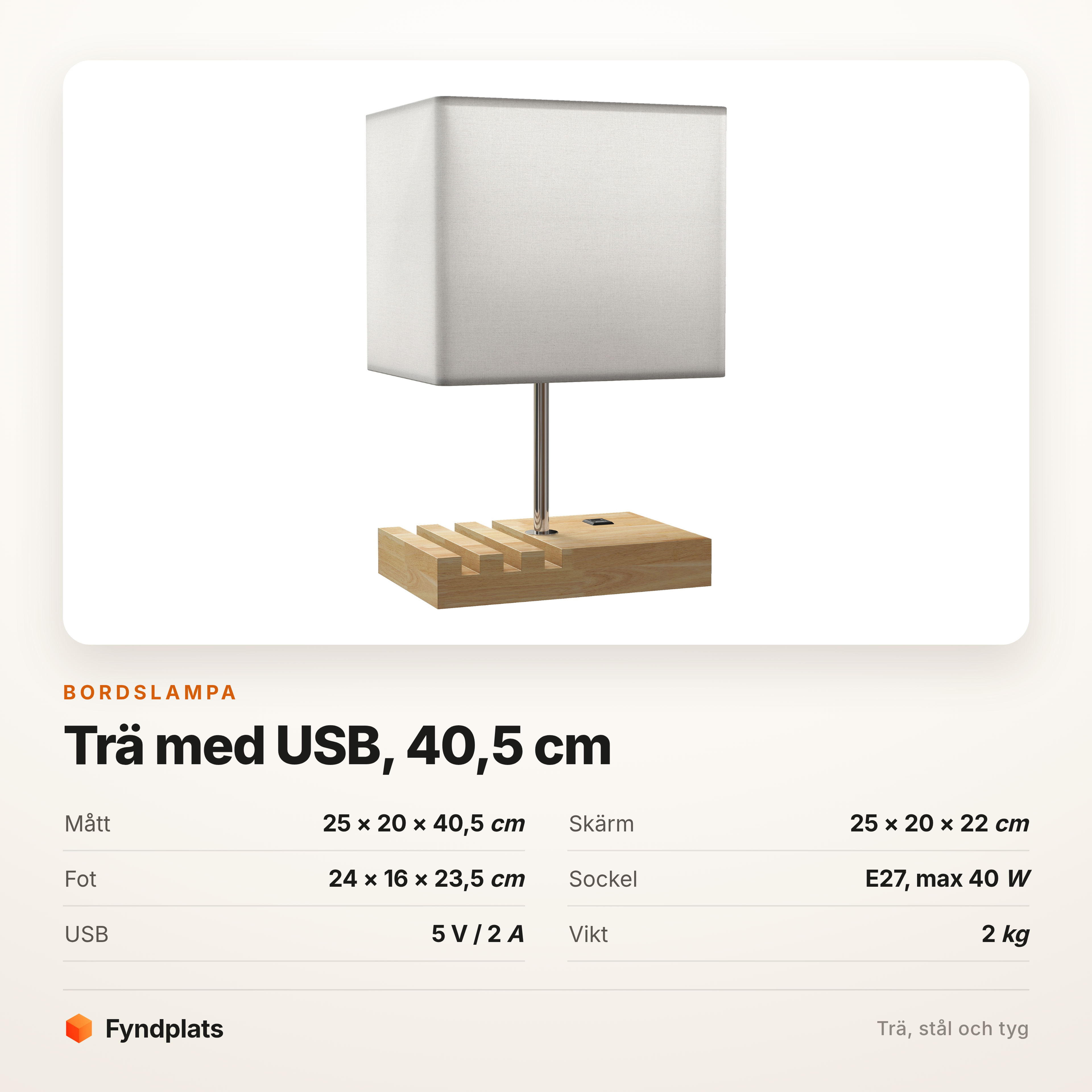 Bordslampa i trä med USB-A och USB-C – tre fack i foten, 40,5 cm – bild 5