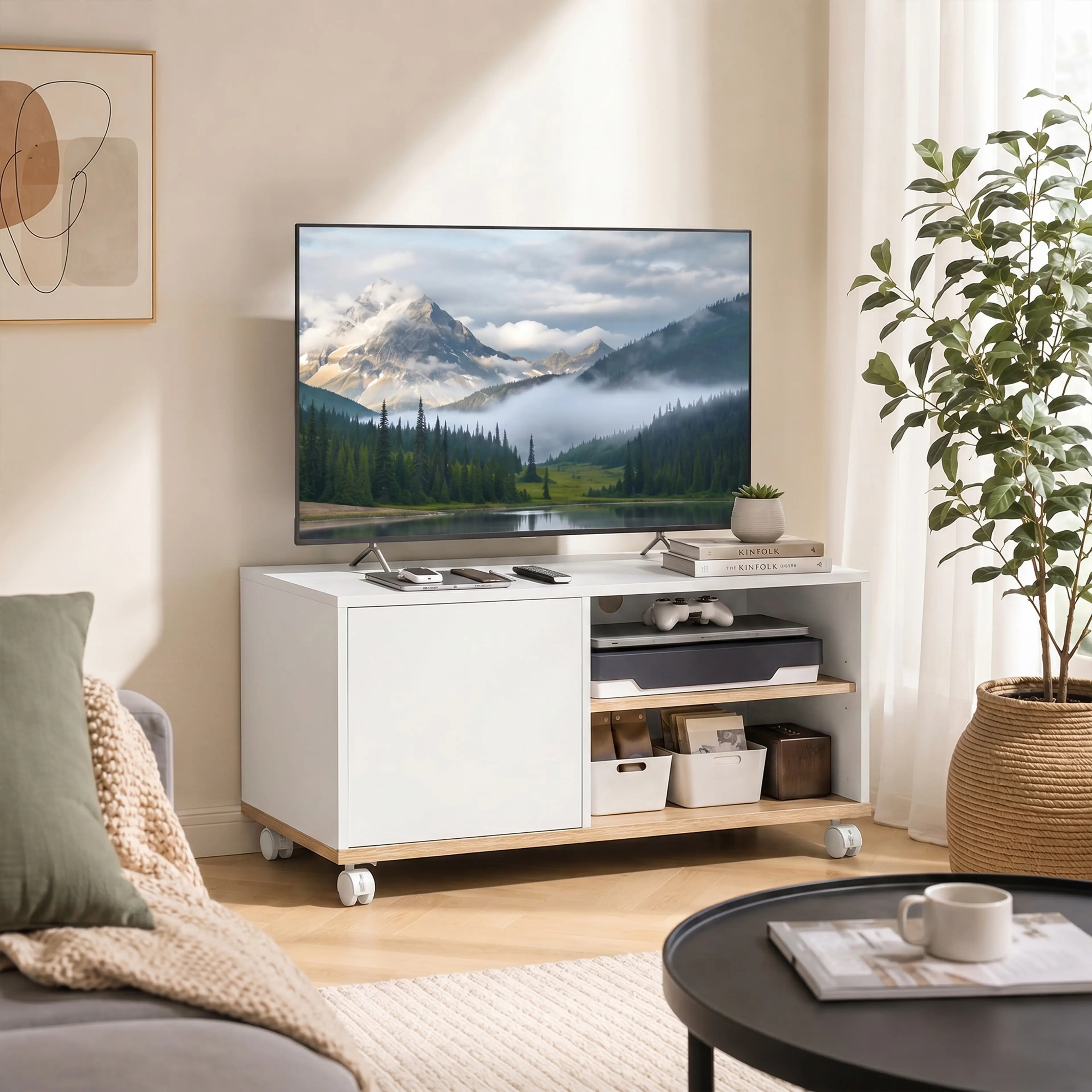 TV-bänk på hjul 80 cm, vit – bild 6