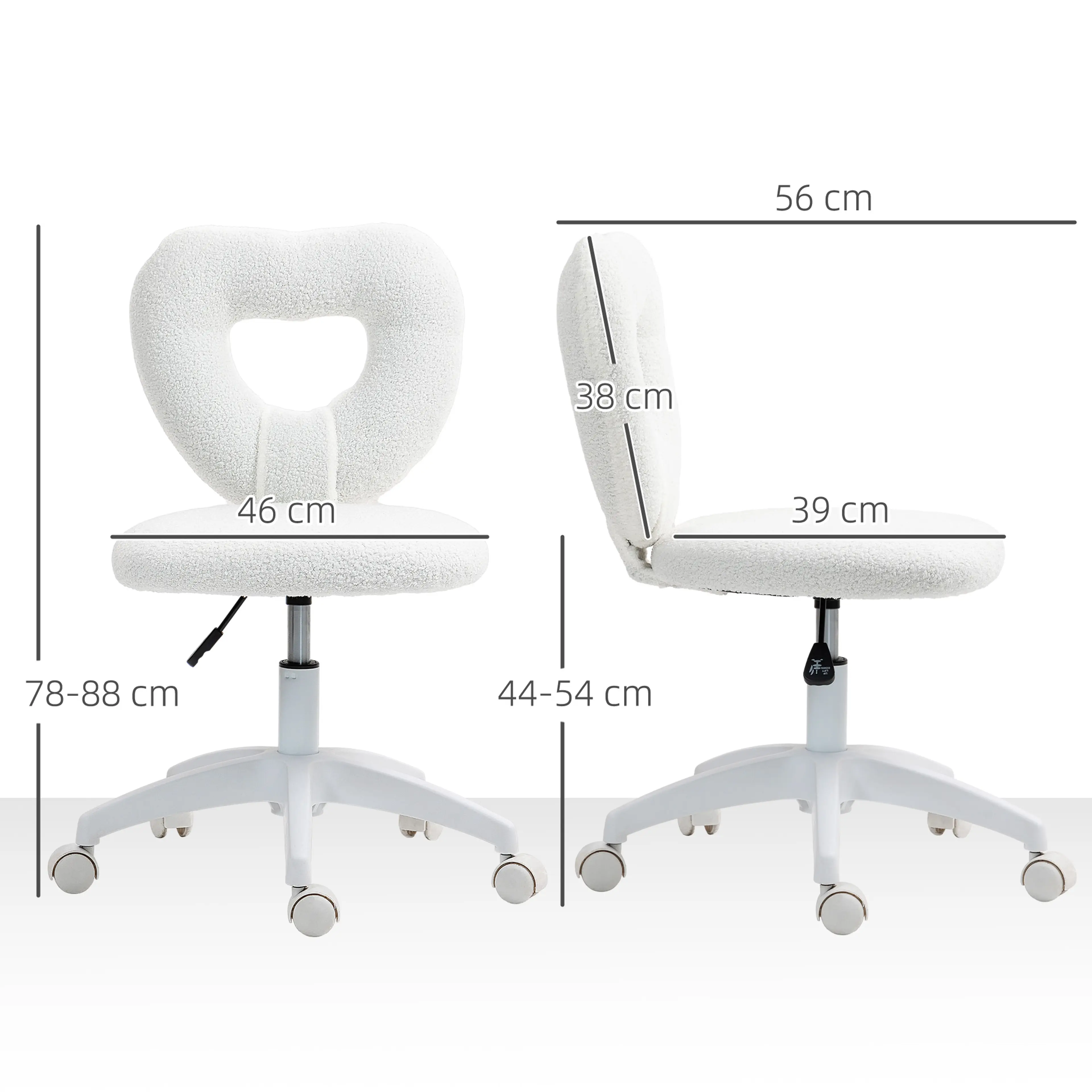 Skrivbordsstol i vitt teddytyg med hjärtformad rygg, måttskiss med mått i centimeter, framifrån och från sidan