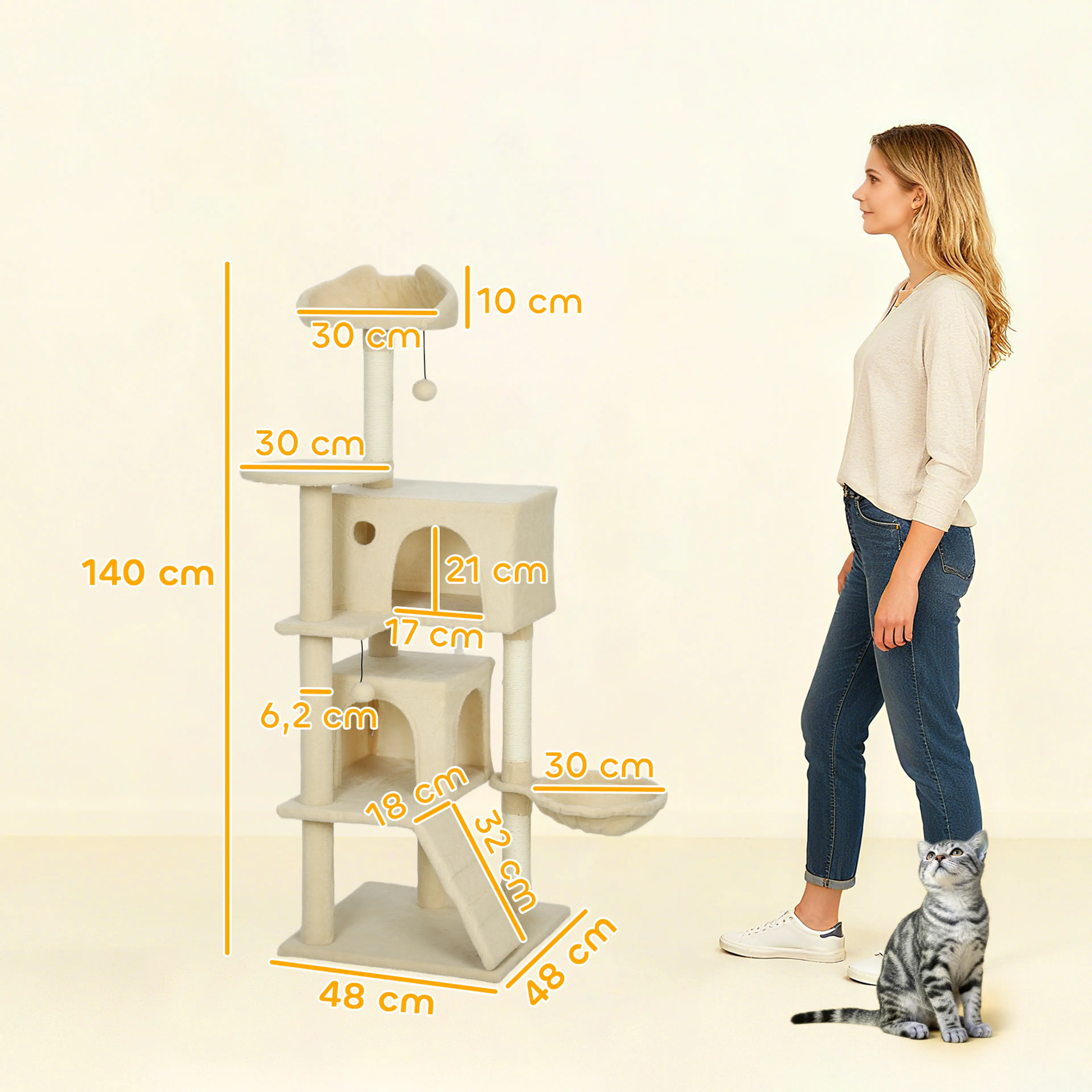 Måttskiss: 48 × 48 cm golvyta och 140 cm höjd, jämförd med en person på 180 cm