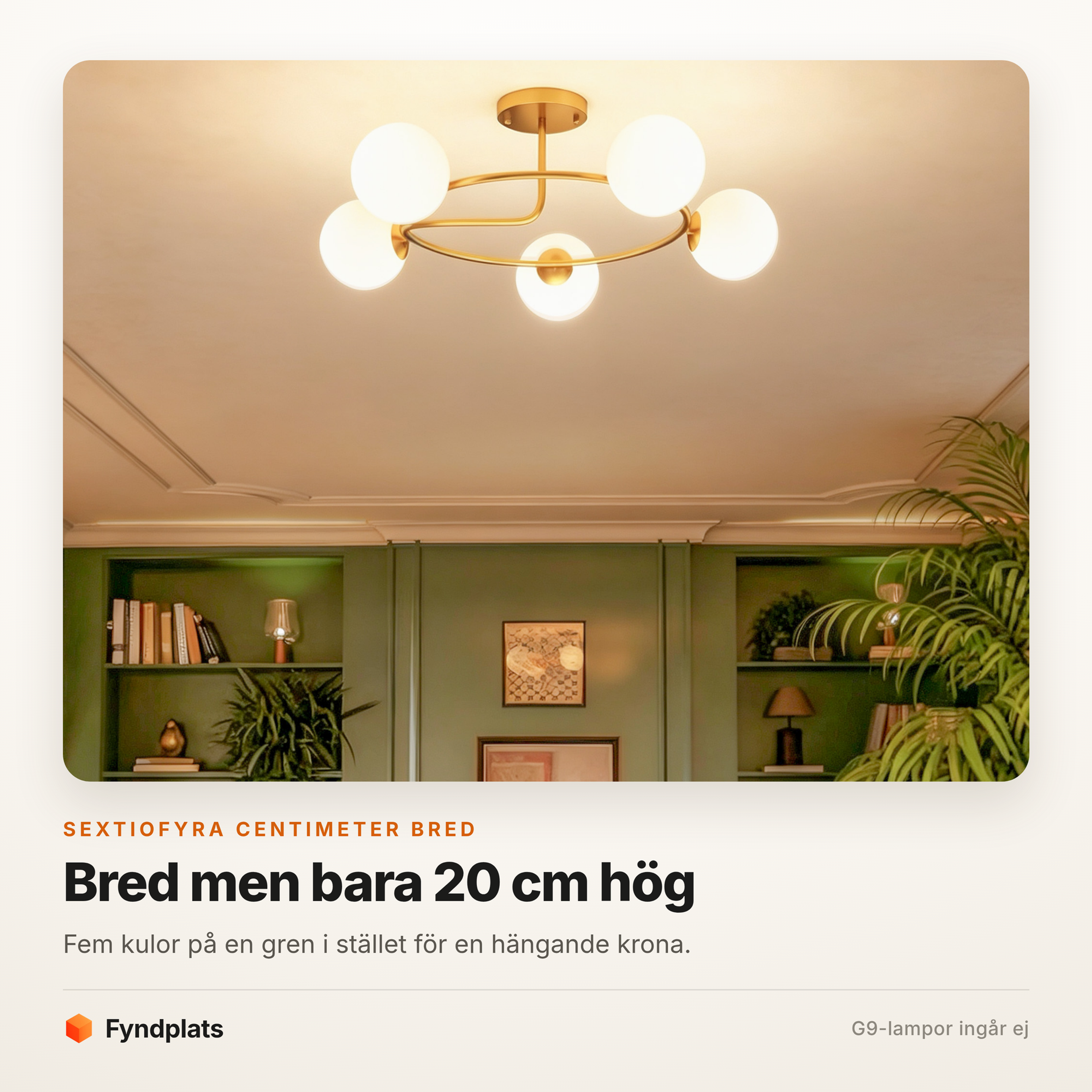 Taklampa med fem glaskulor Ø64 cm – guldram, G9, bara 20 cm hög – bild 2
