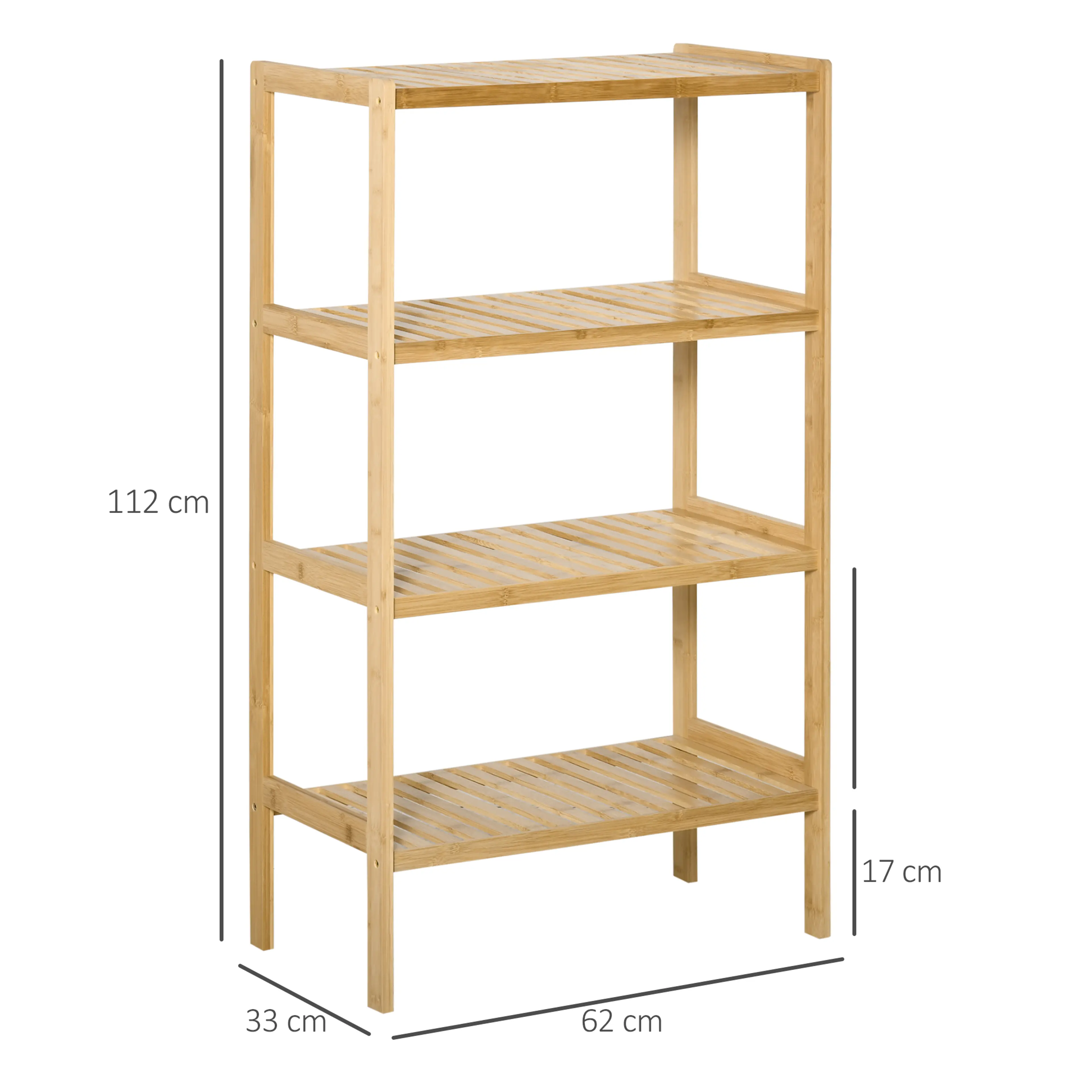 Måttbild: hyllan är 62 × 33 cm och 112 cm hög, med 17 cm under det nedersta planet