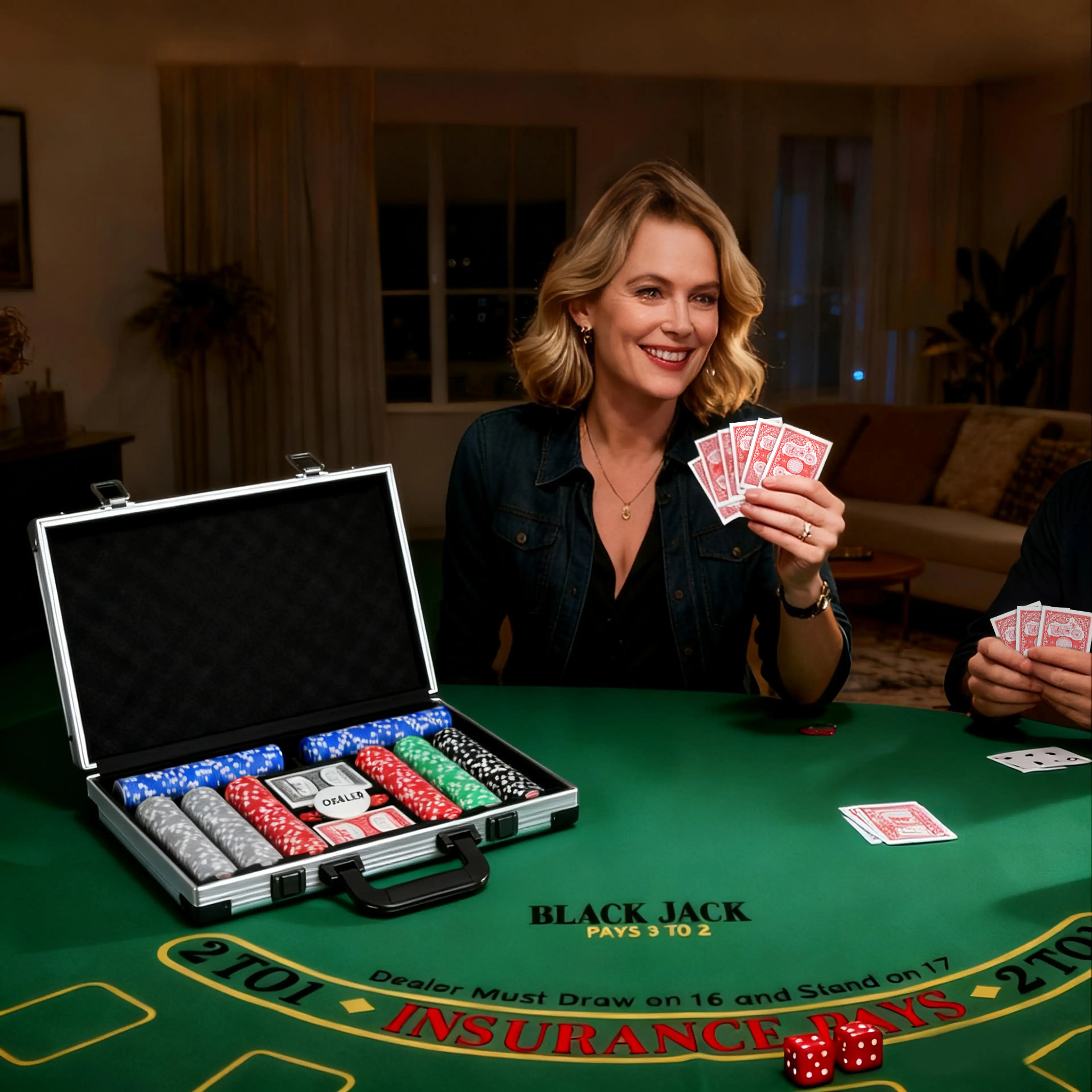 En kvinna håller spelkort vid ett spelbord bredvid den öppna pokerväskan