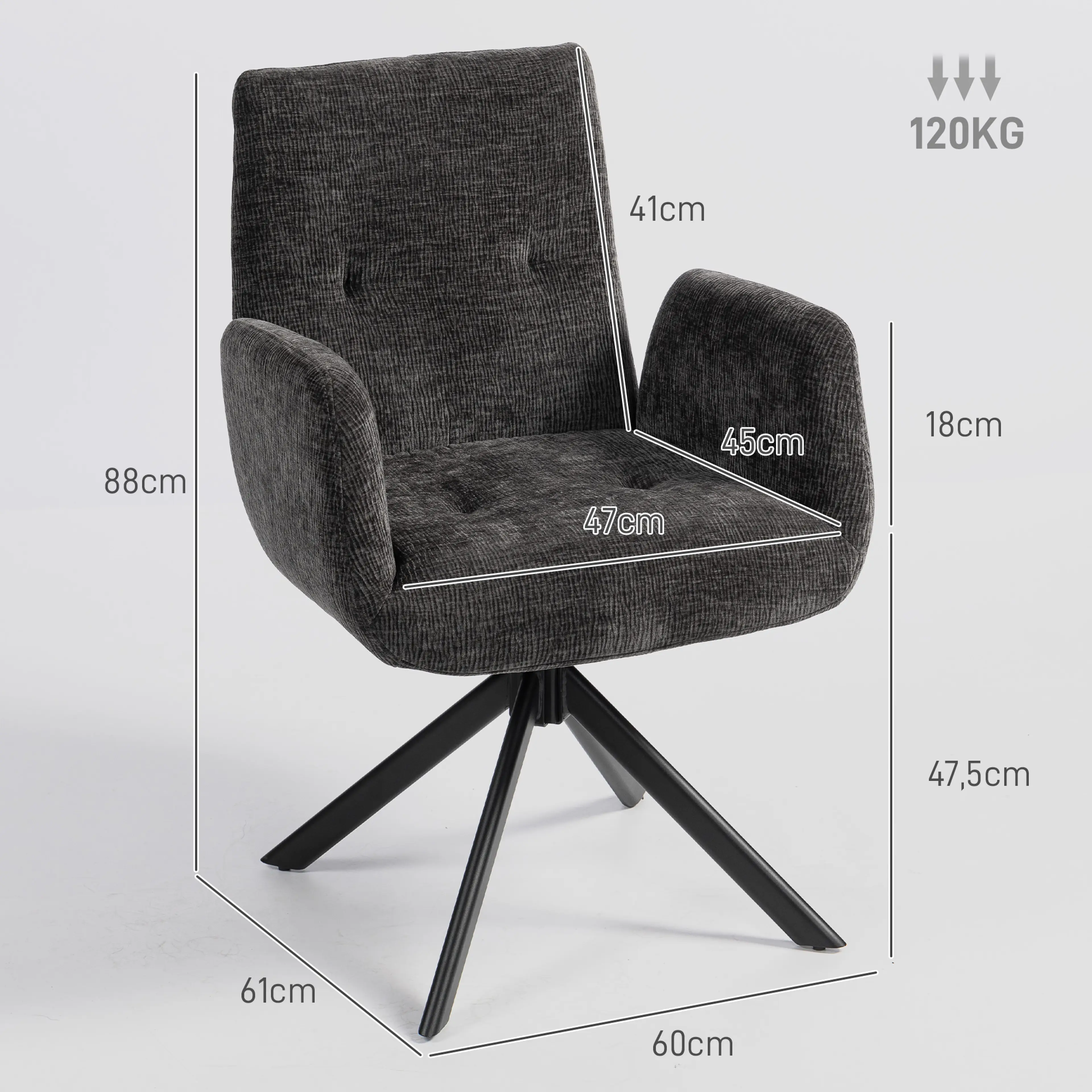 Måttritning: fåtöljen är 60 cm bred, 61 cm djup och 88 cm hög, sitsen 47 × 45 cm på 47,5 cm höjd