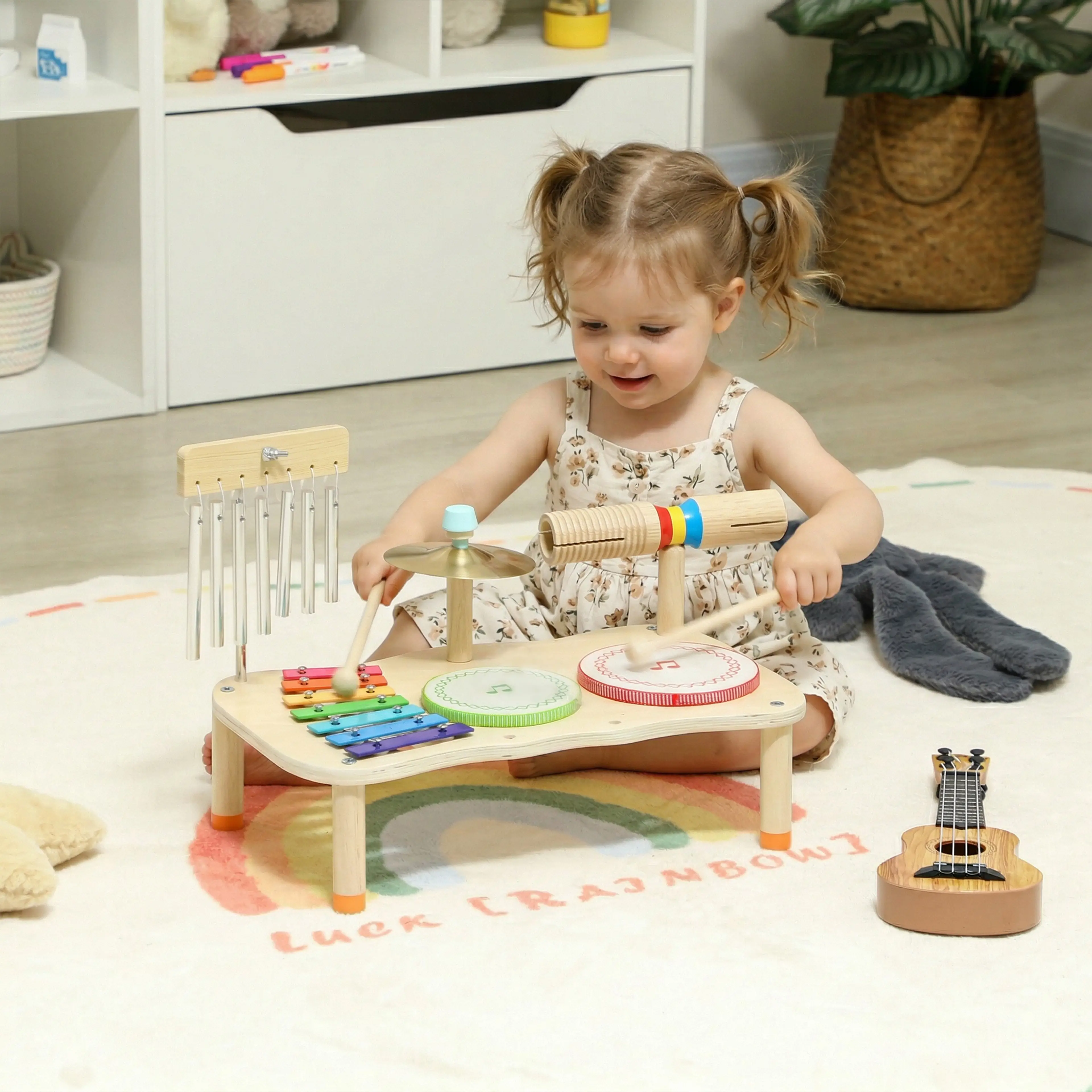 Musikinstrument i trä för barn – Montessori-set med trummor och xylofon