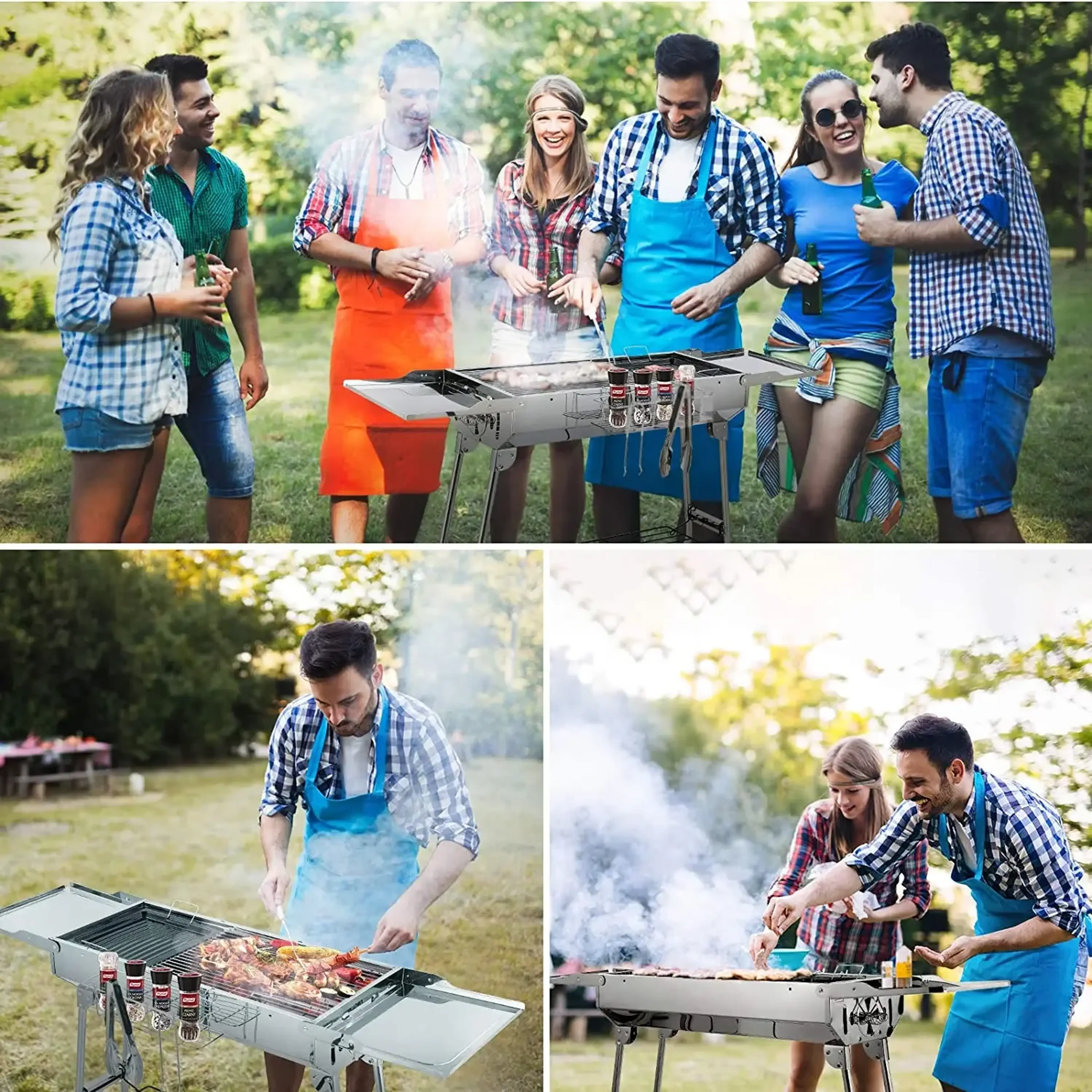 Vänner grillar tillsammans i trädgården med den portabla kolgrillen