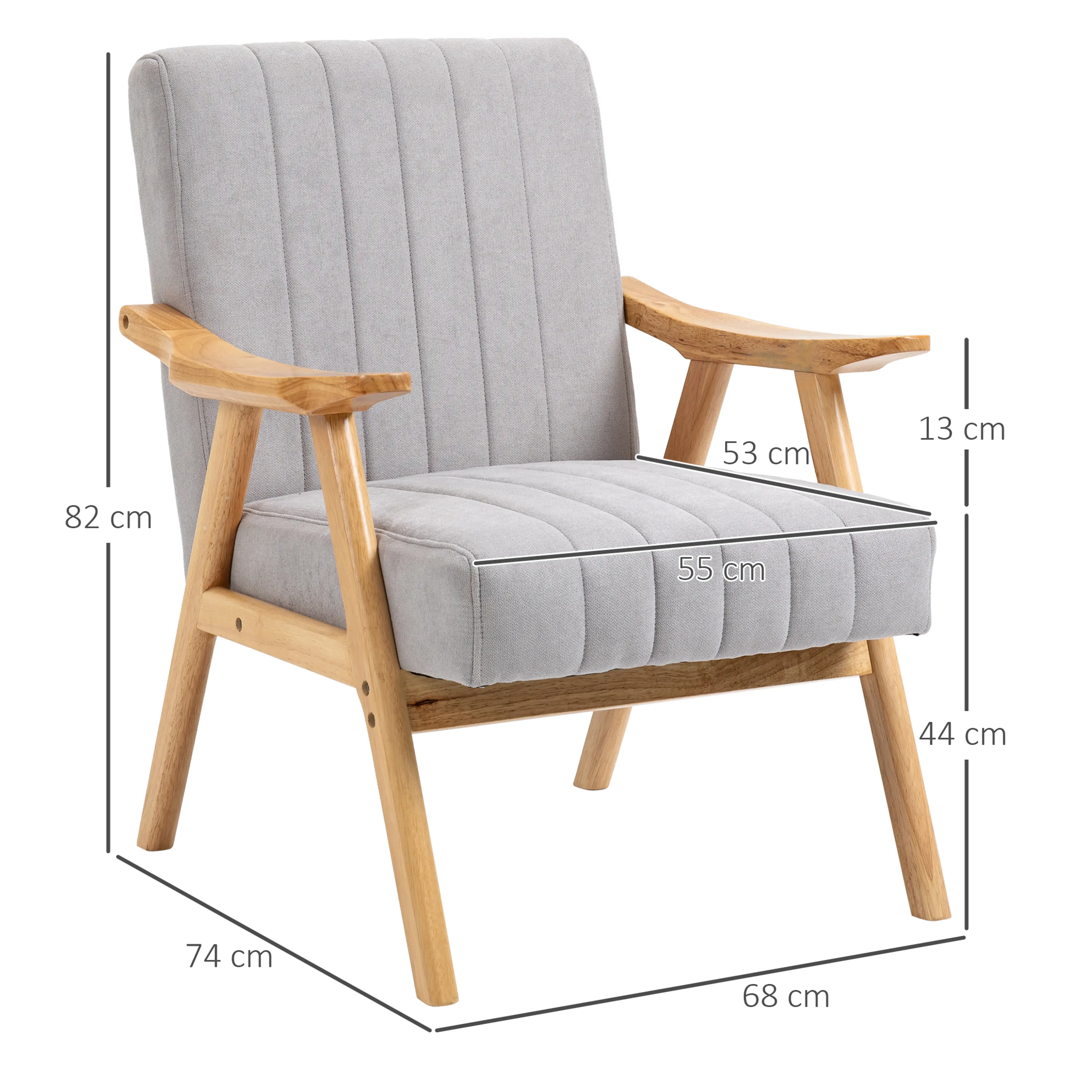 Måttskiss över fåtöljen med 68 cm bredd och 44 cm sitthöjd