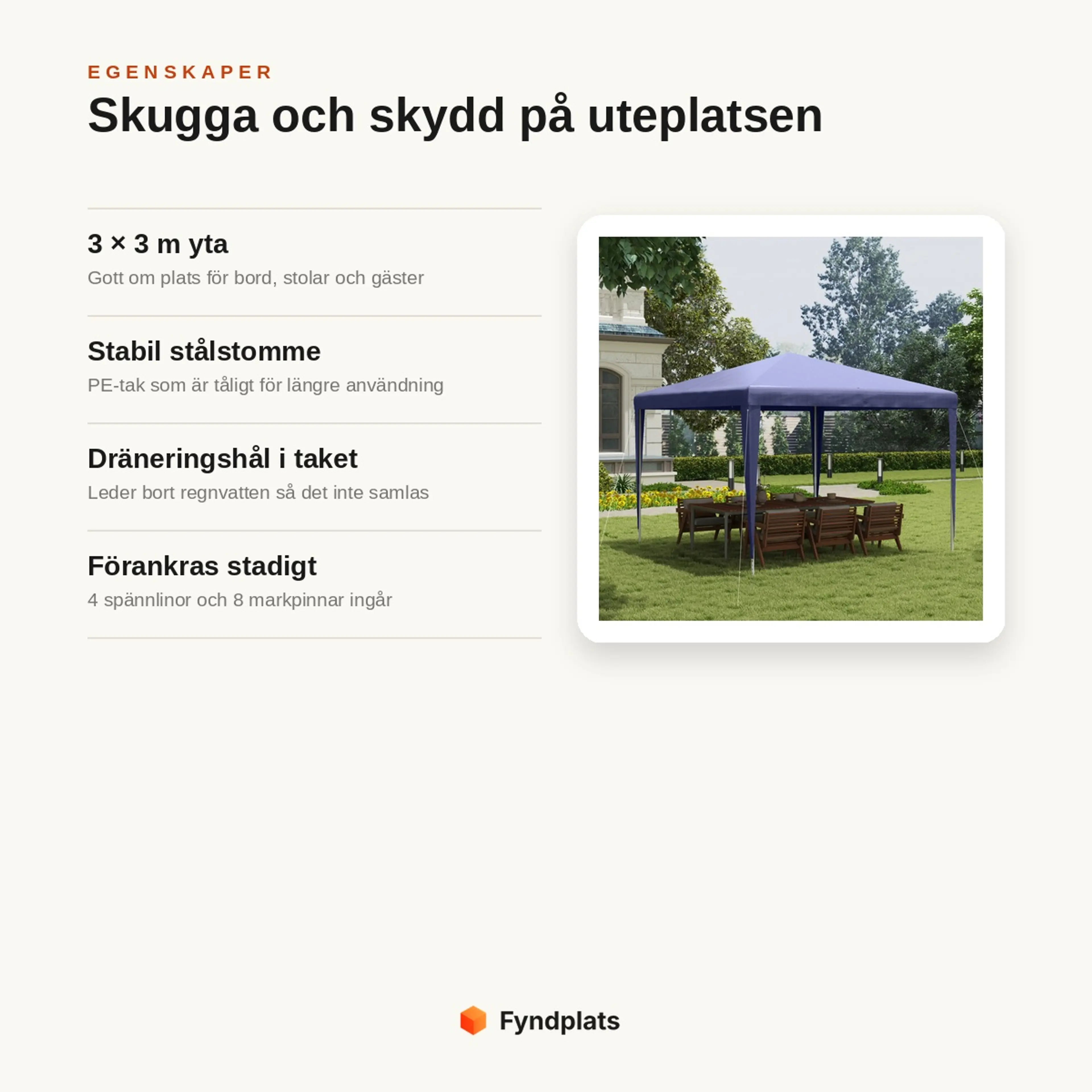 Egenskaper: 3×3 m yta, stabil stålstomme med PE-tak, dräneringshål och förankring med linor och pinnar.