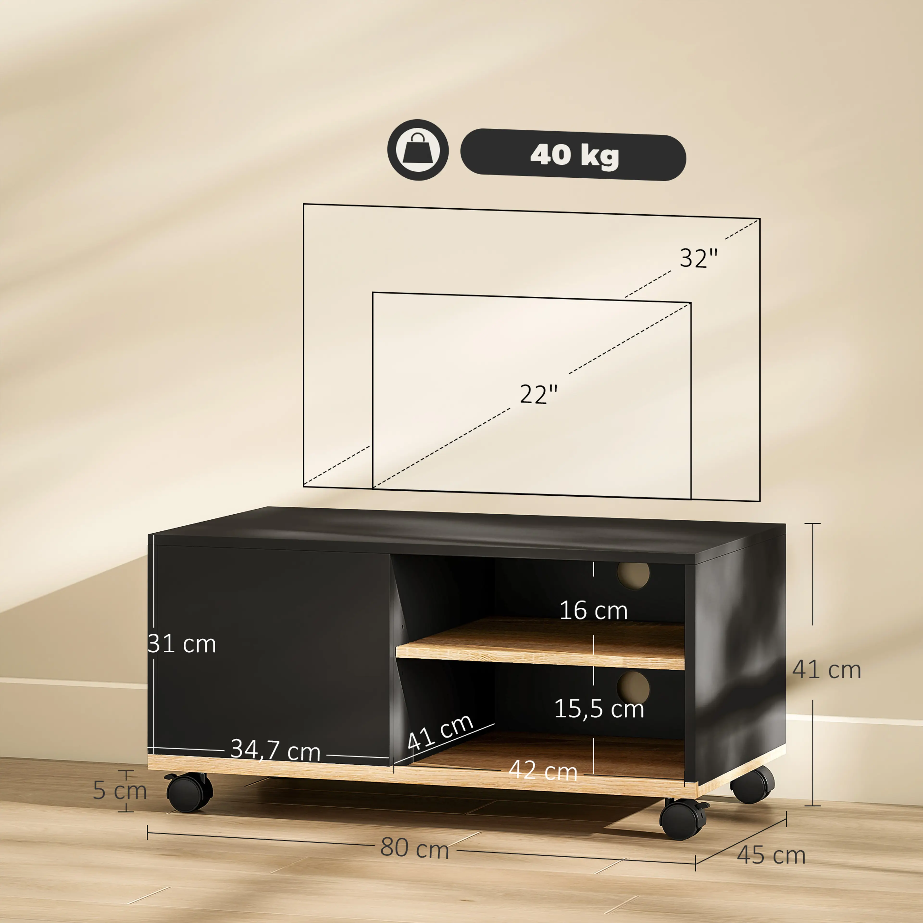 TV-bänk på hjul 80 cm, svart – bild 4