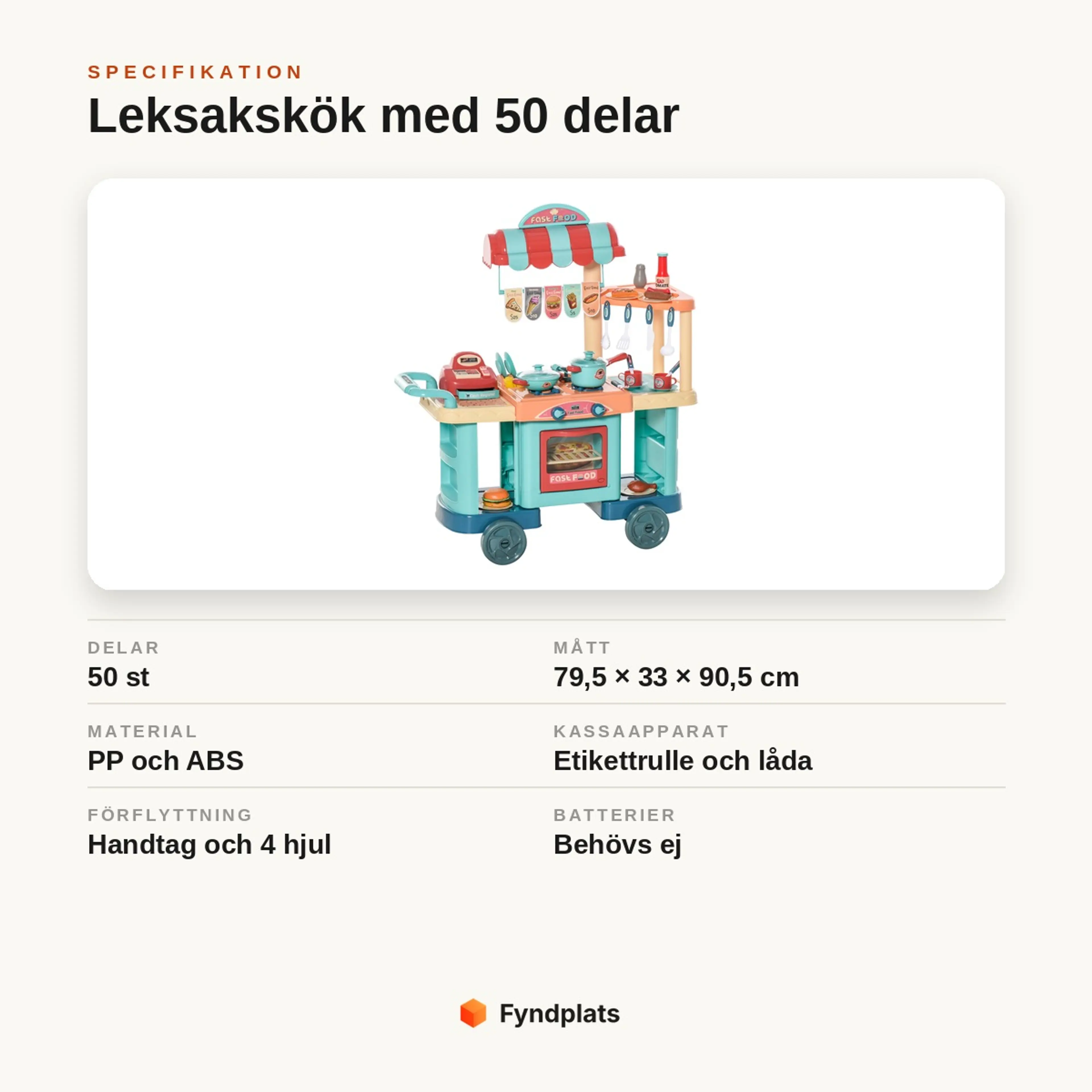 Specifikationskort: leksakskök med 50 delar, mått 79,5 × 33 × 90,5 cm i PP och ABS, kassaapparat och 4 hjul