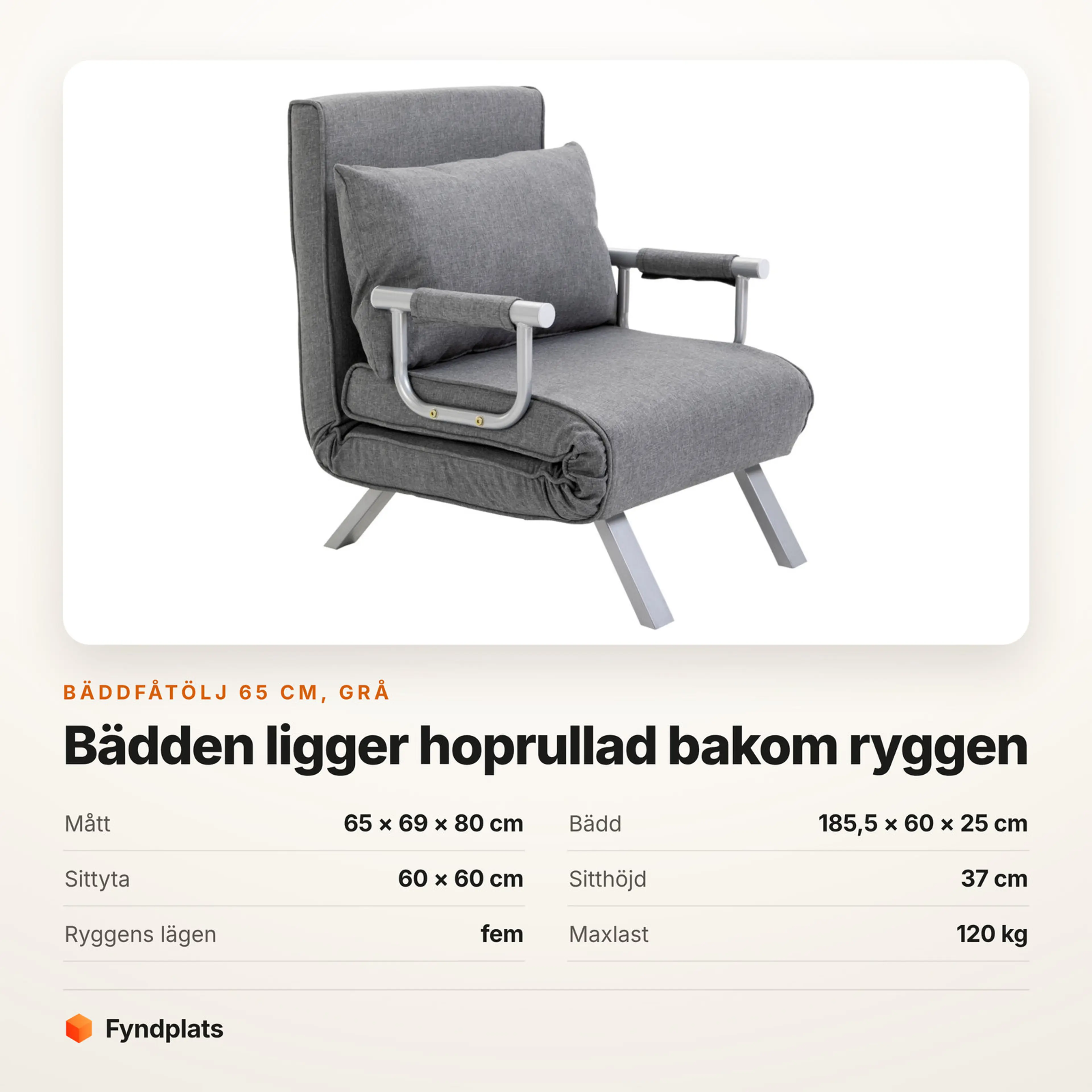 Bäddfåtölj i grå väv – Faktakort med mått, sittyta, sitthöjd, ryggens lägen och maxlast