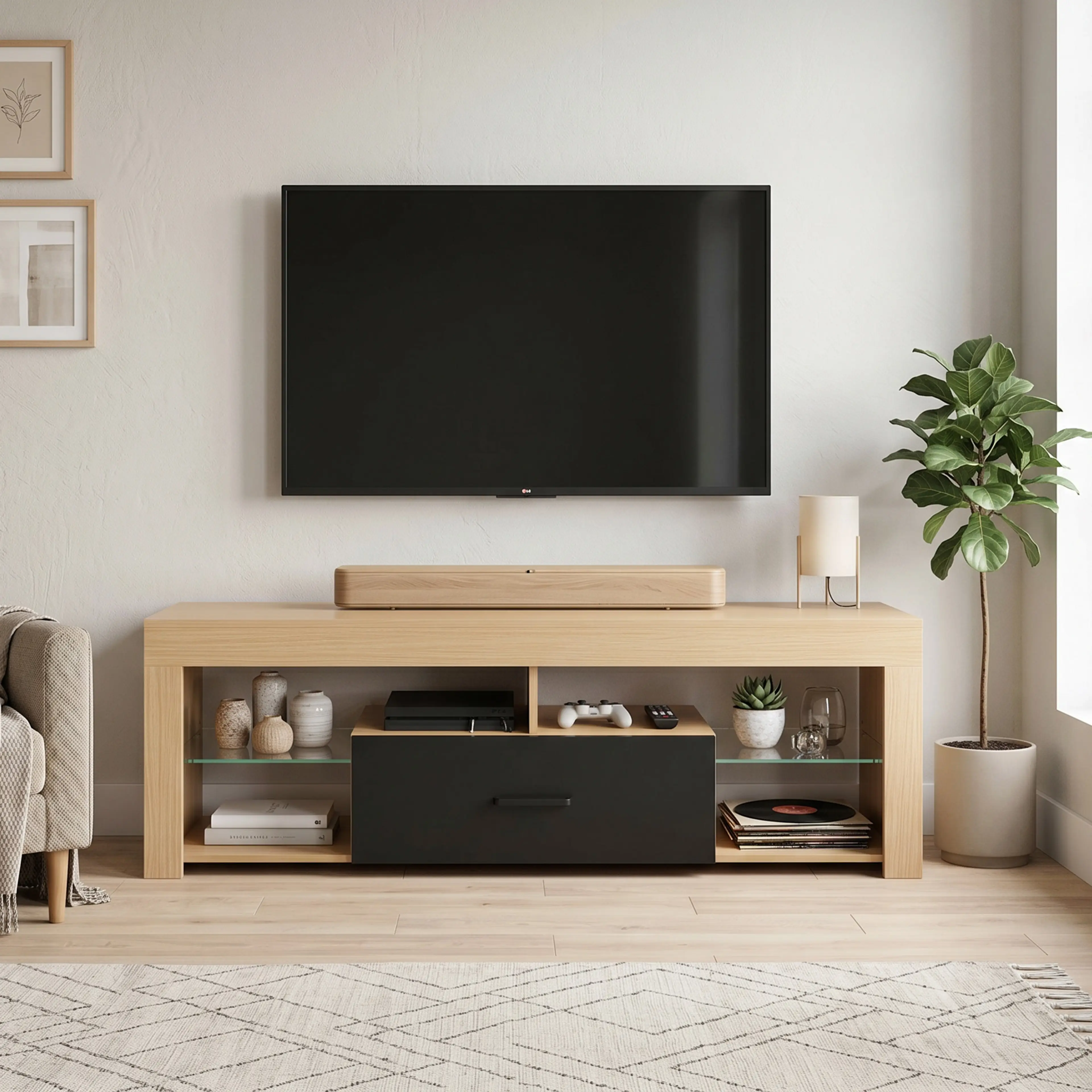 TV-bänk i ek med glashylla, 140 cm – bild 6