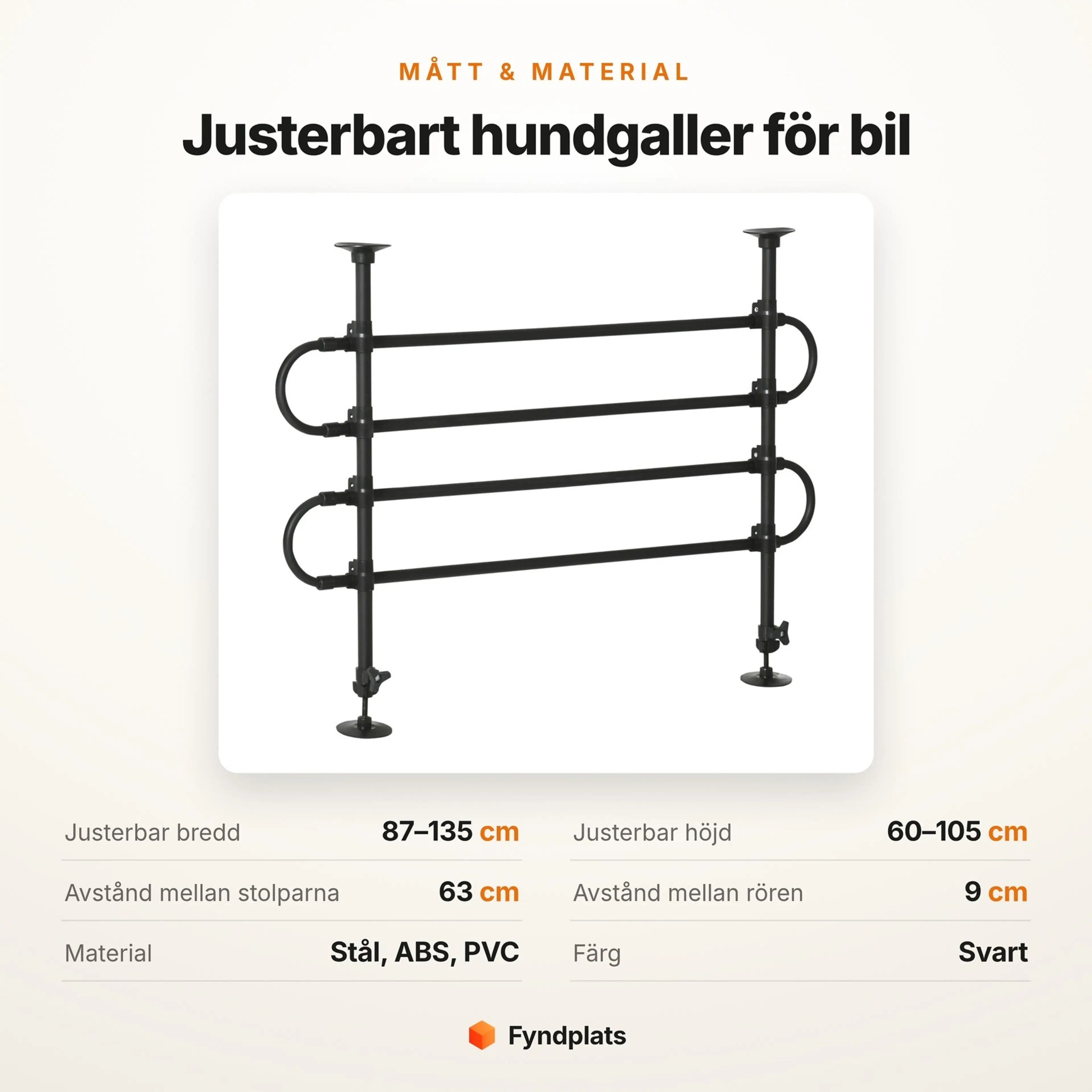 Måttöversikt för hundgallret: justerbar bredd 87–135 cm och höjd 60–105 cm