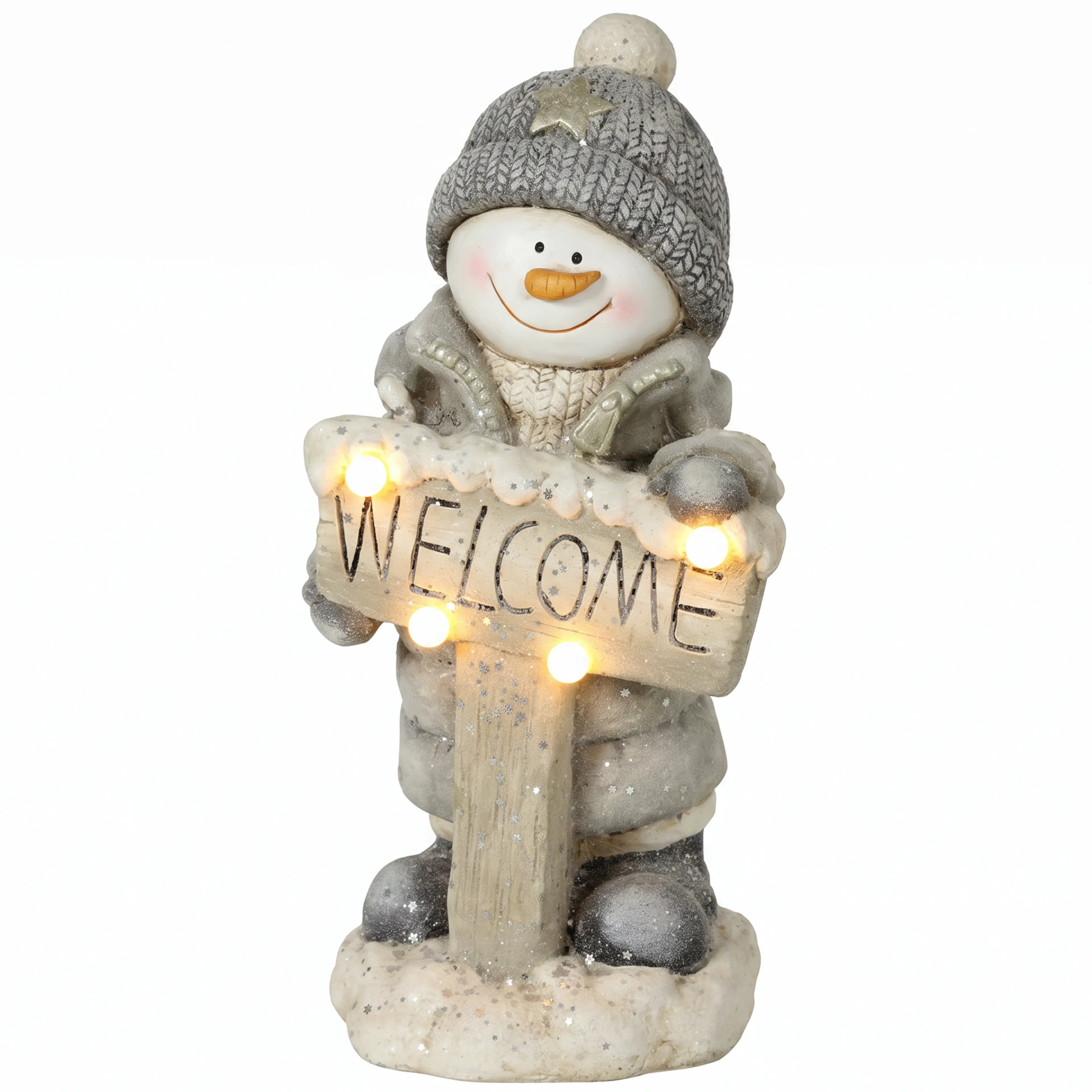 Snögubbe i gjuten sten som håller en lysande skylt med ordet Welcome