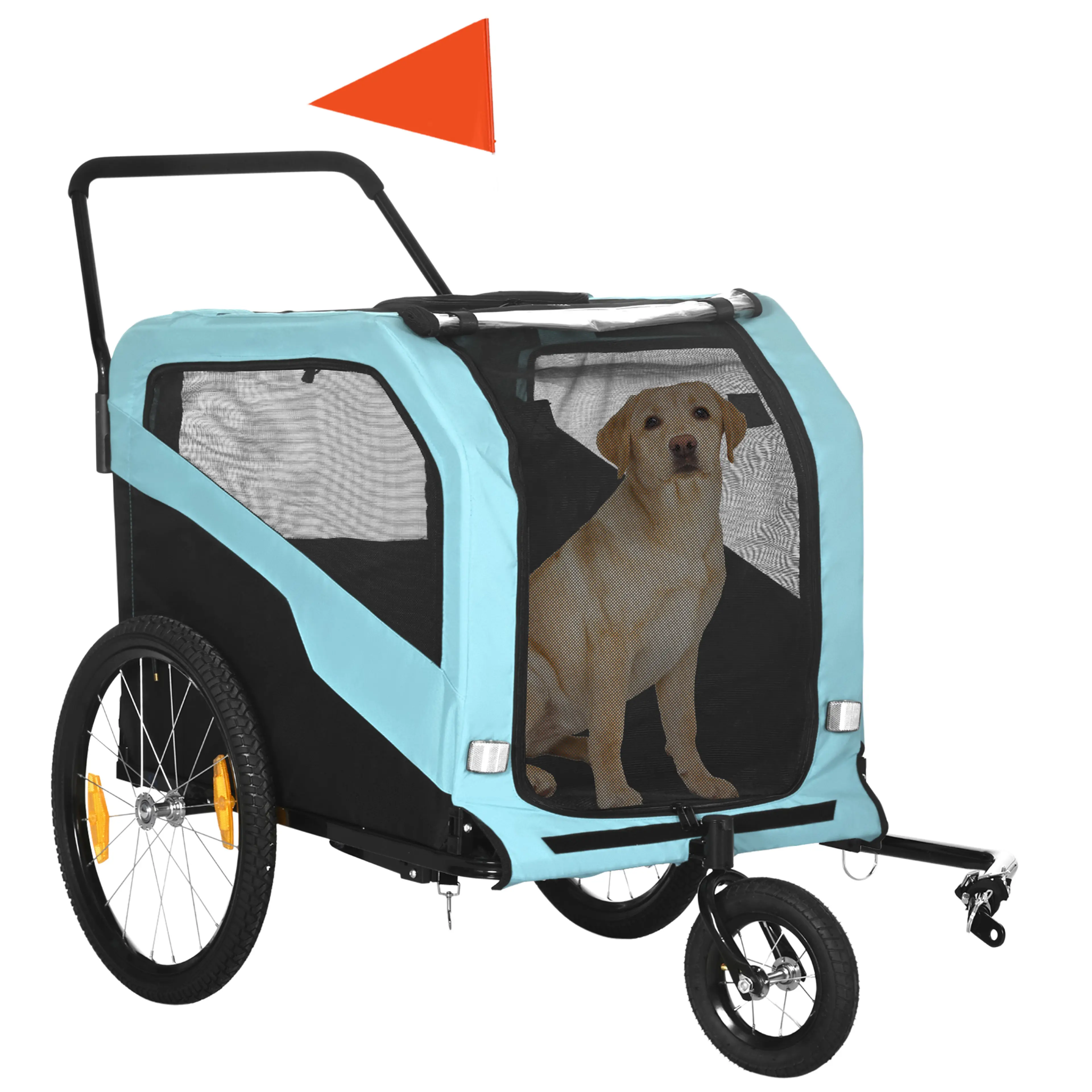 Ljusblå cykelvagn för hund med stort bakhjul och röd flagga, mot vit bakgrund