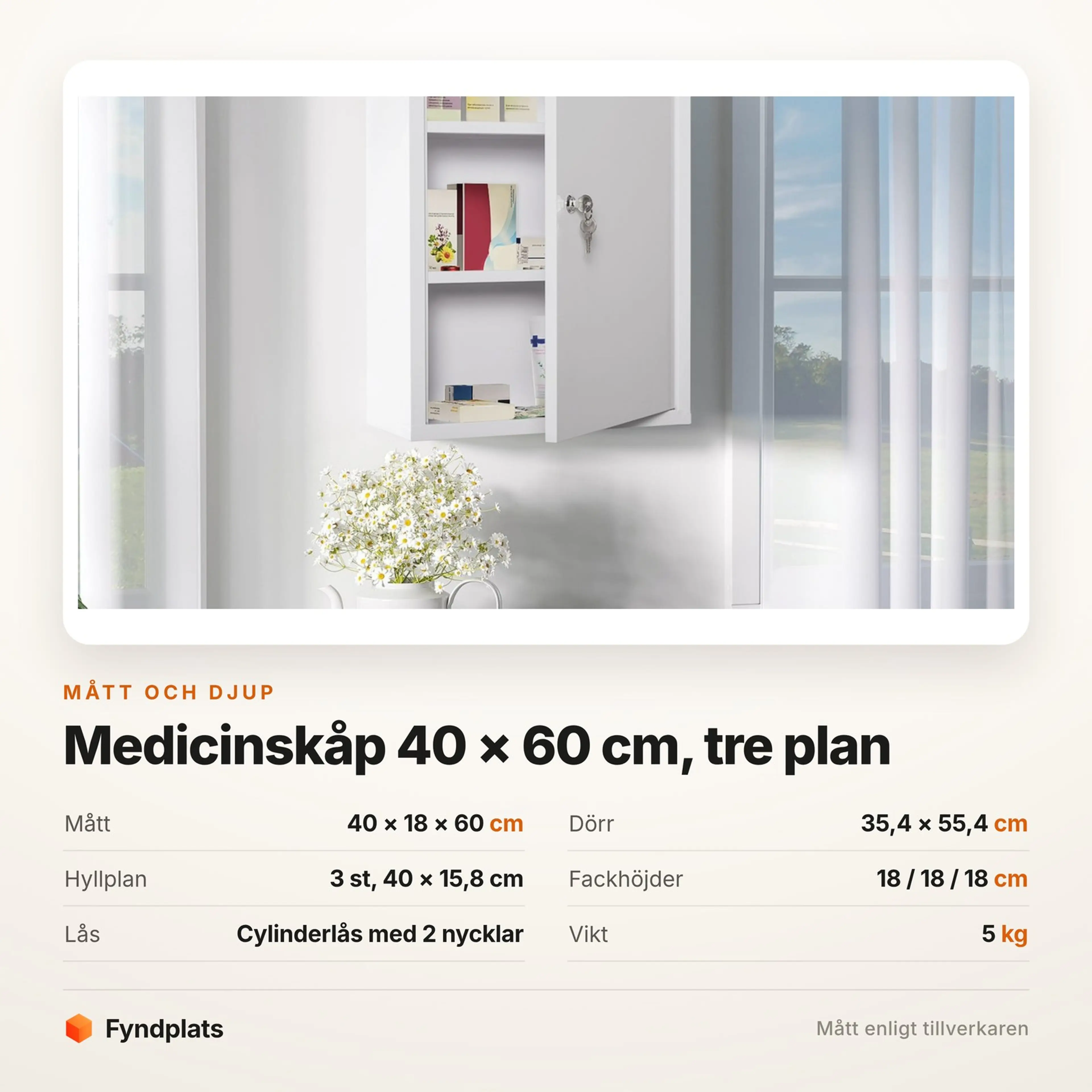 Faktakort: skåpet 40 × 18 × 60 cm med tre plan på 18 / 18 / 18 cm och cylinderlås