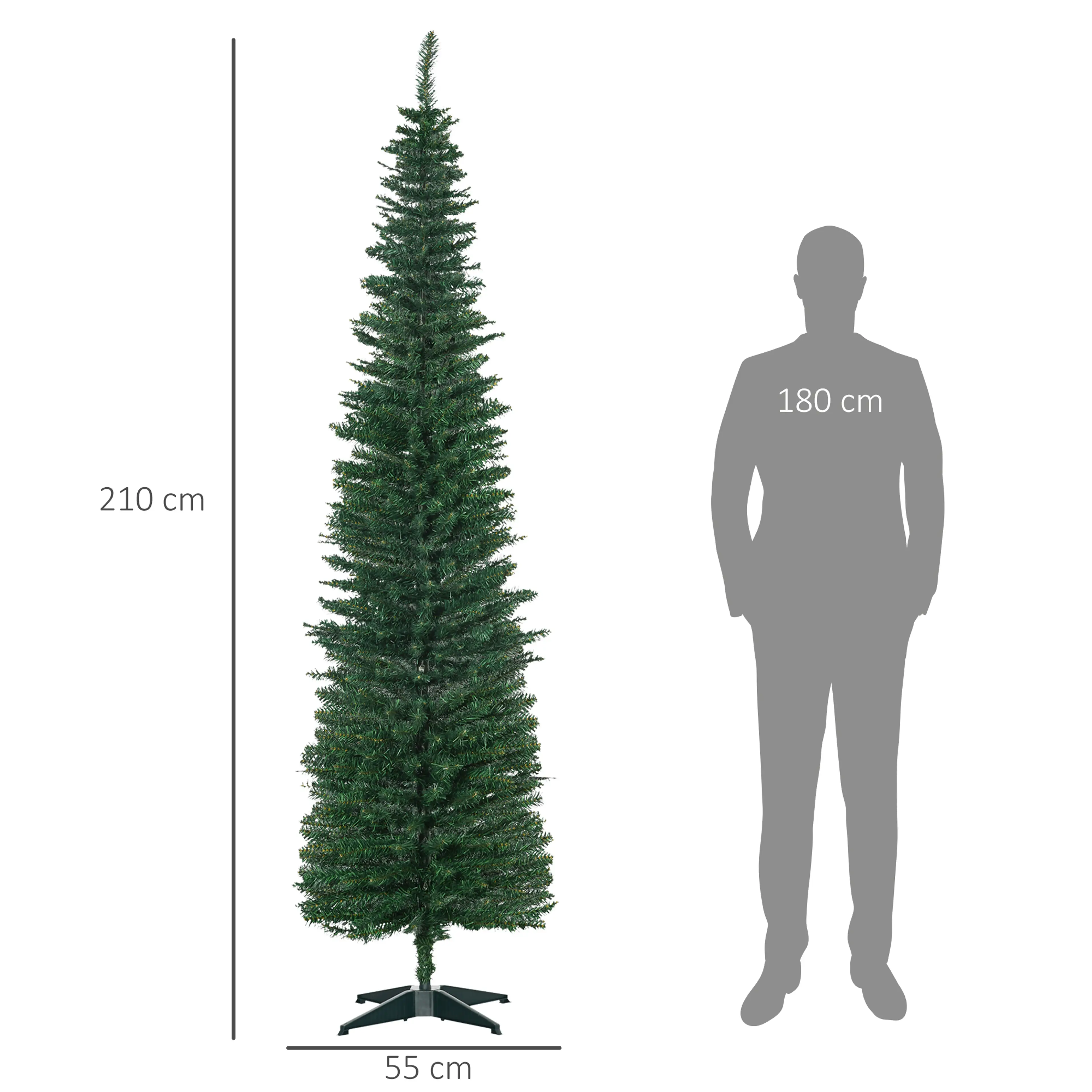 Måttbild: granen är 210 cm hög och Ø55 cm, bredvid en siluett av en man