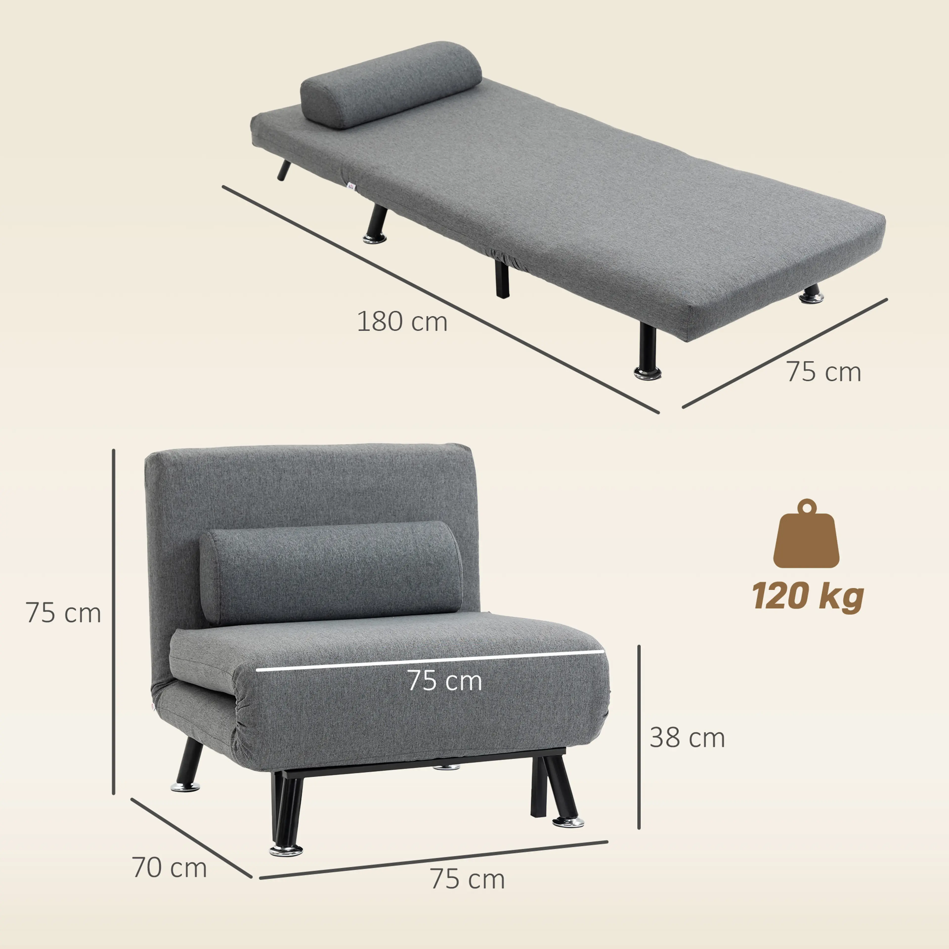 Måttritning för bäddfåtöljen: 180 × 75 cm utfälld och 75 × 70 × 75 cm hopfälld