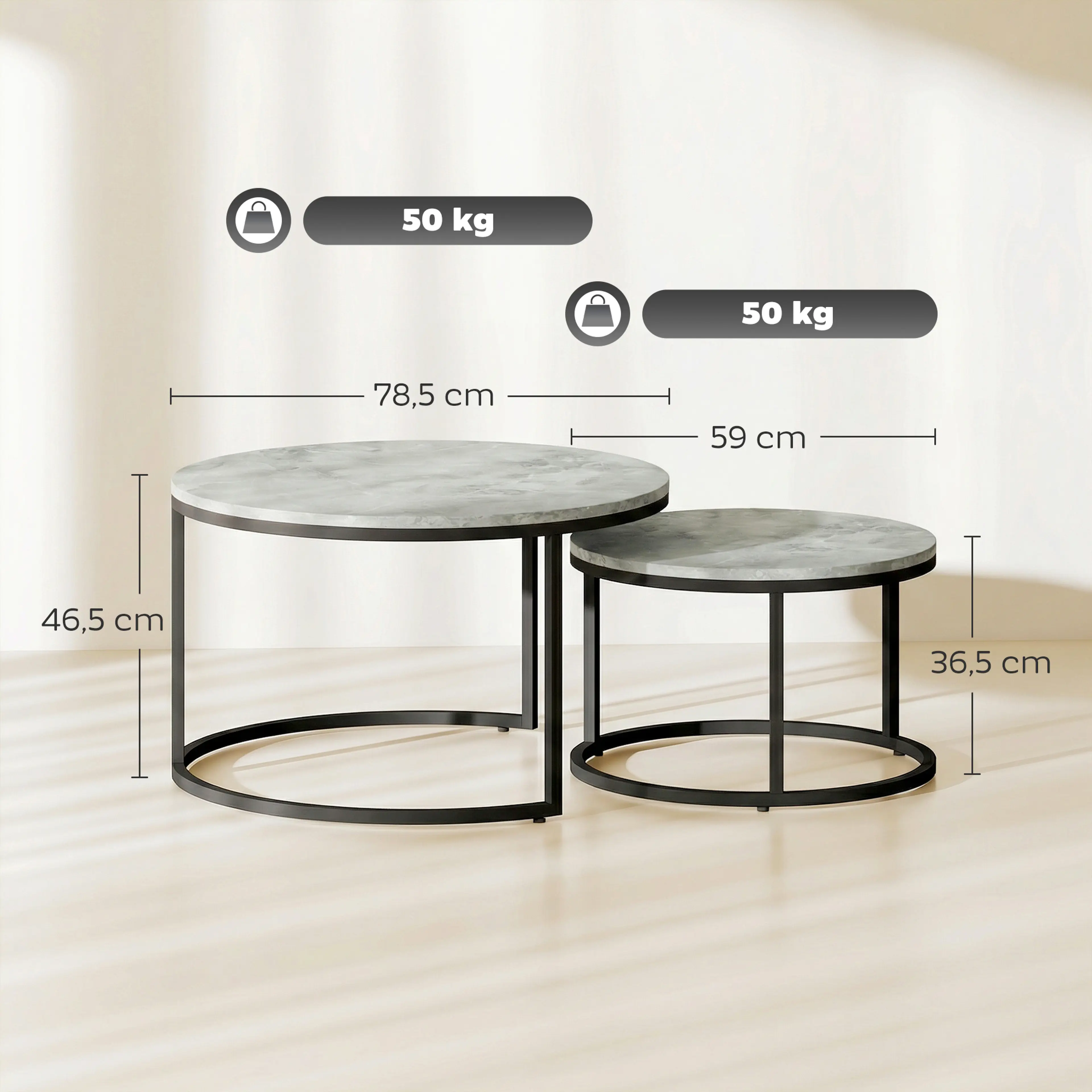 Måttbild: borden är Ø78,5 och Ø59 cm, 46,5 och 36,5 cm höga, och bär 50 kg vardera