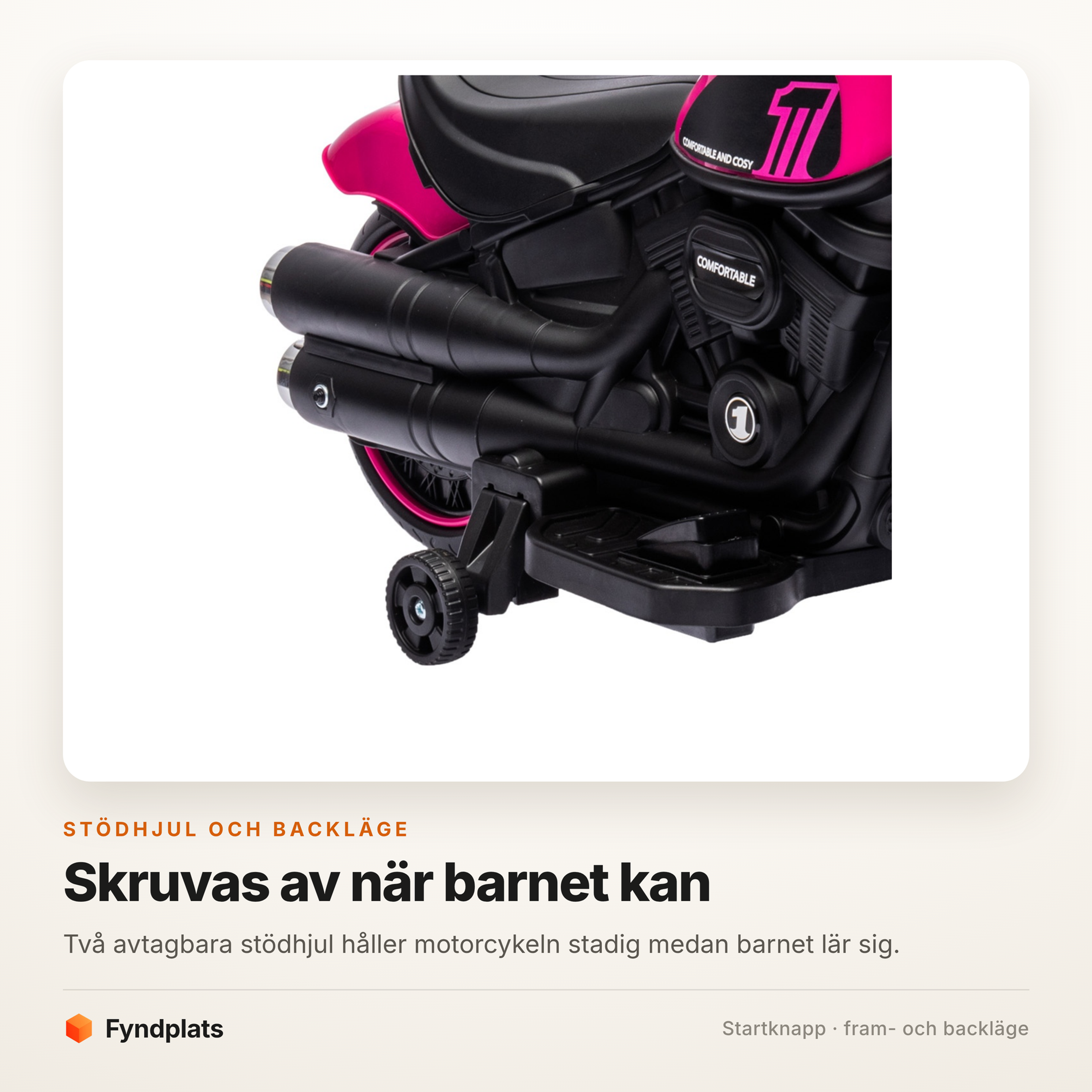 Fyndplats detaljkort med närbild på elmotorcykelns avtagbara stödhjul och fotsteg.