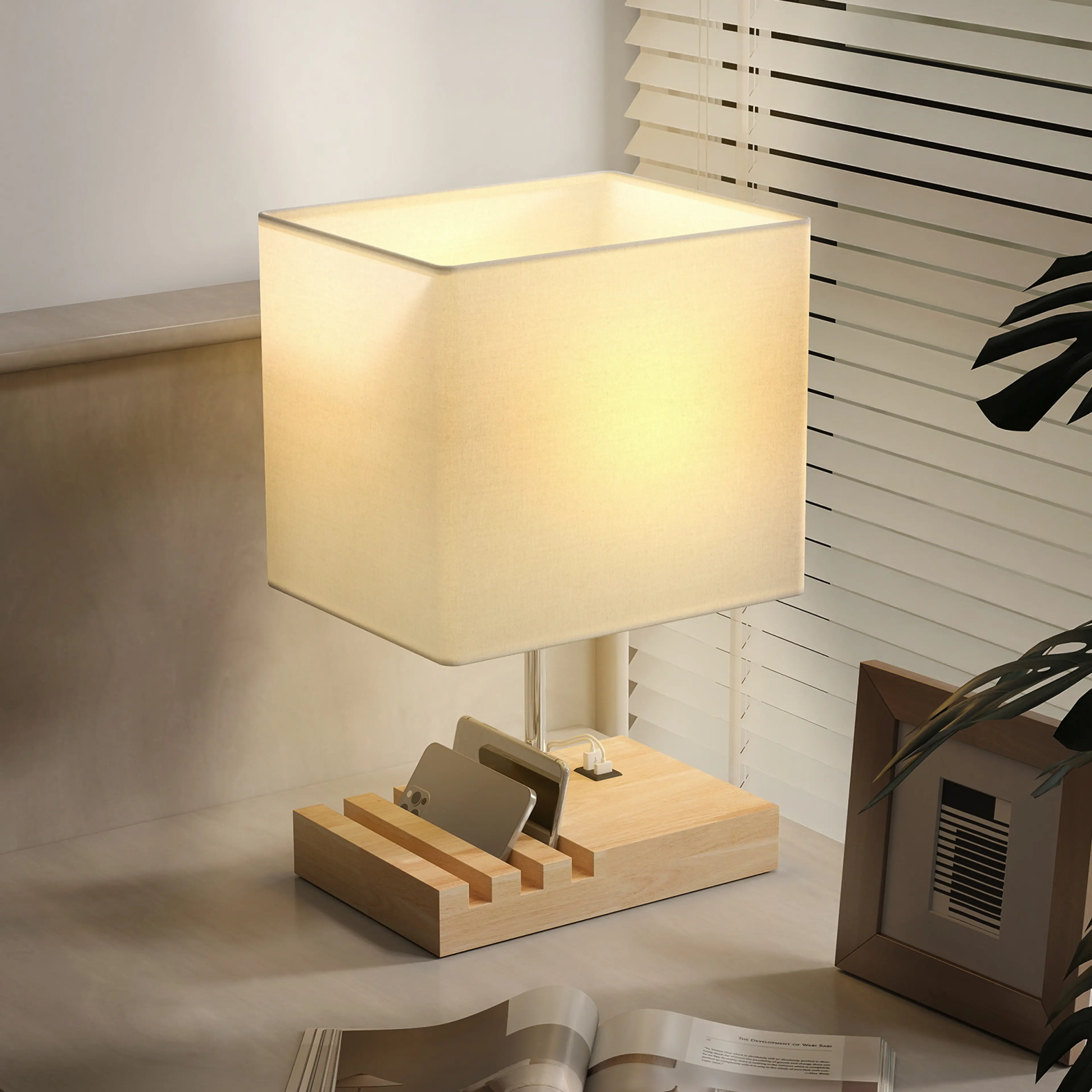 Bordslampa i trä med USB-A och USB-C – tre fack i foten, 40,5 cm – bild 7