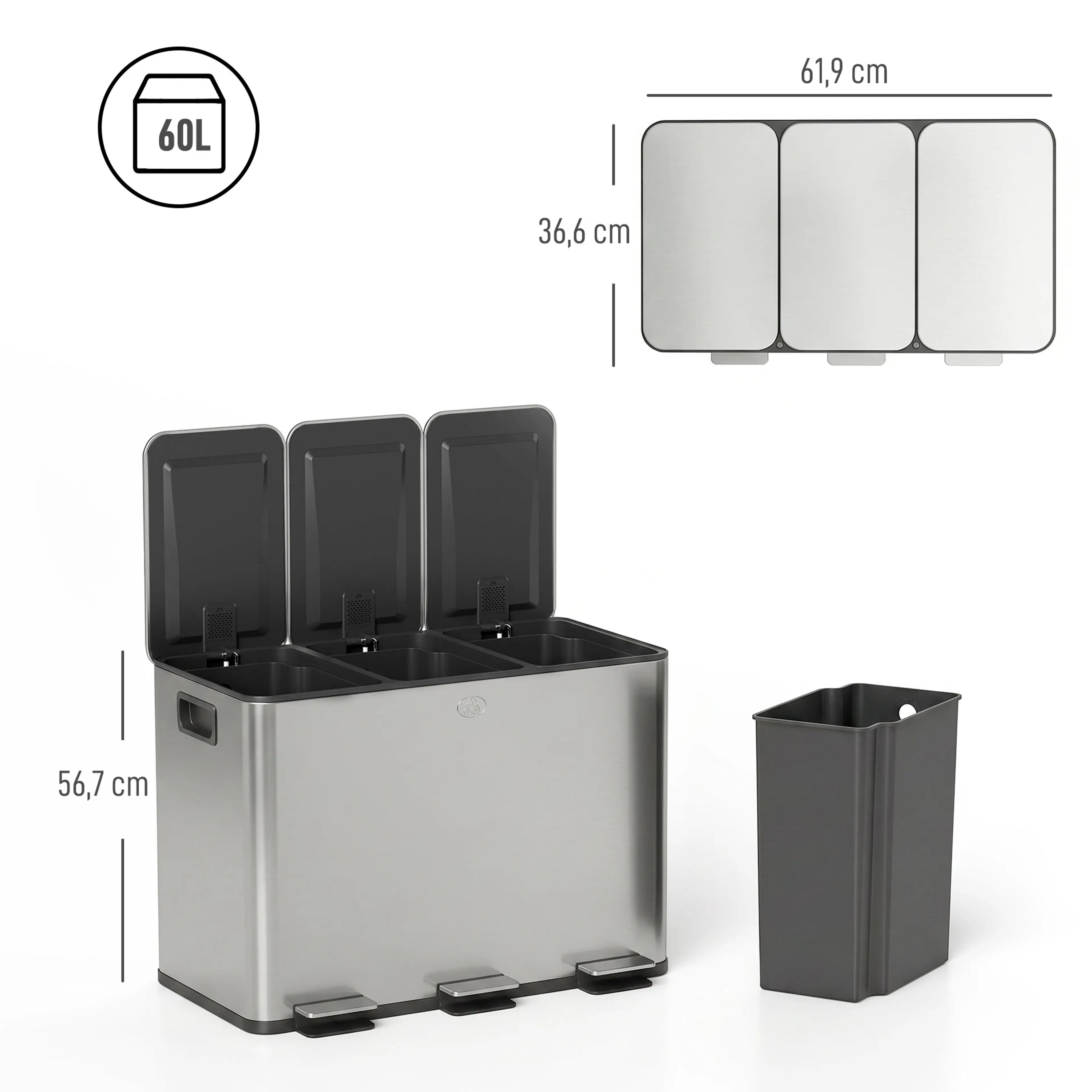Måttskiss: 61,9 × 36,6 cm i golvyta, 56,7 cm hög, tre fack om 20 liter