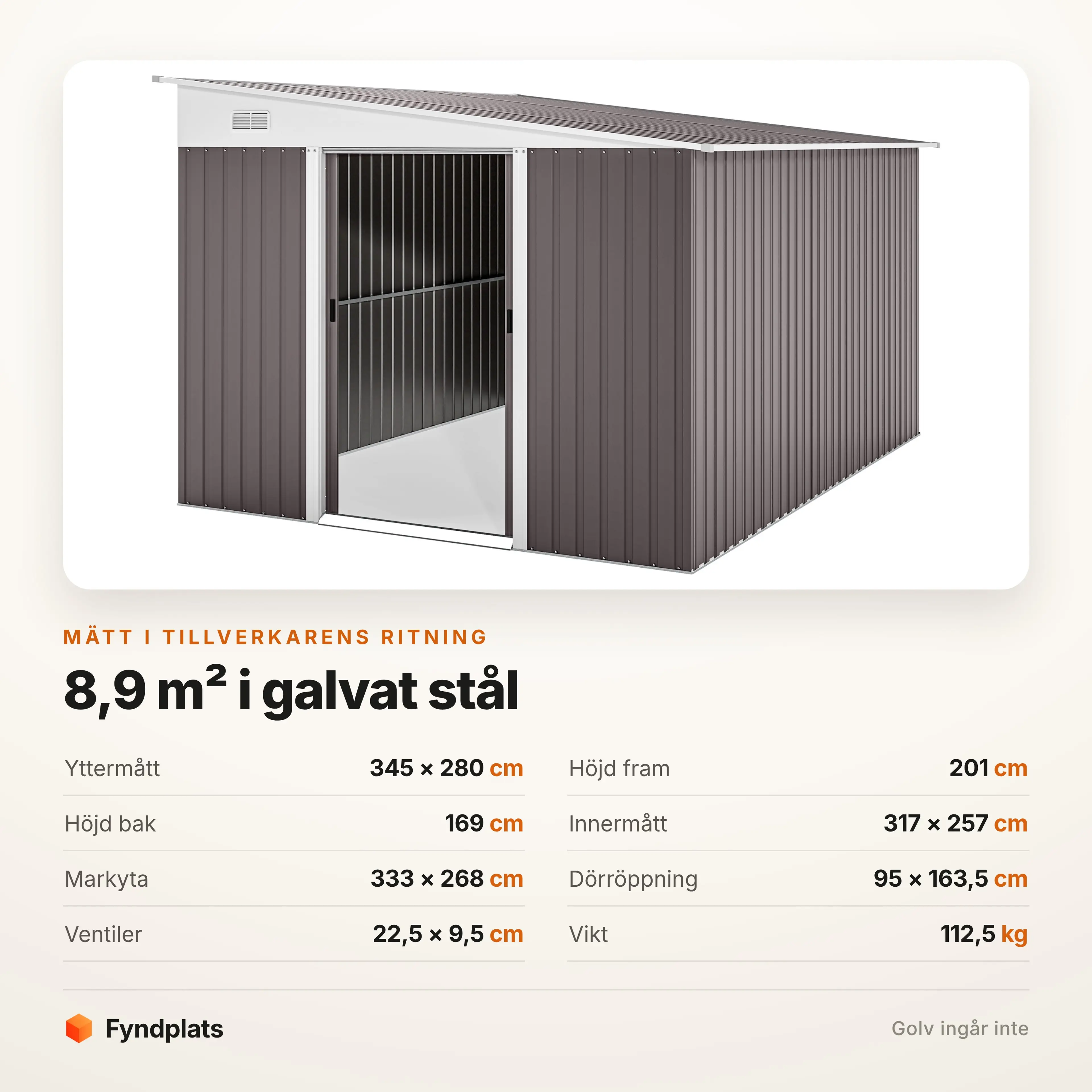 Specifikationer: 345 × 280 cm, 8,9 m² golvyta, dörröppning 95 cm