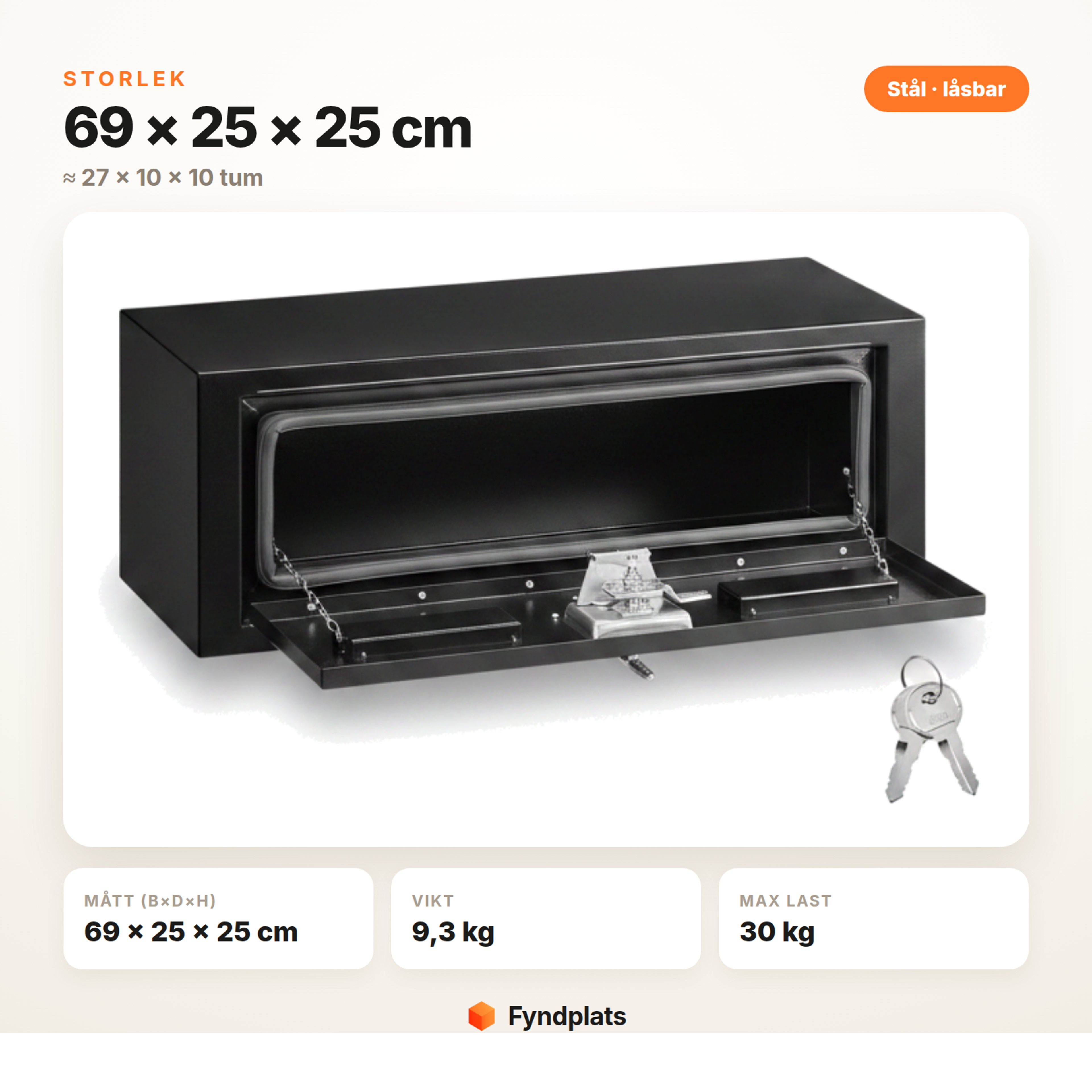 Verktygslåda för lastbil, storlek 69 × 25 × 25 cm – mått, vikt och max last