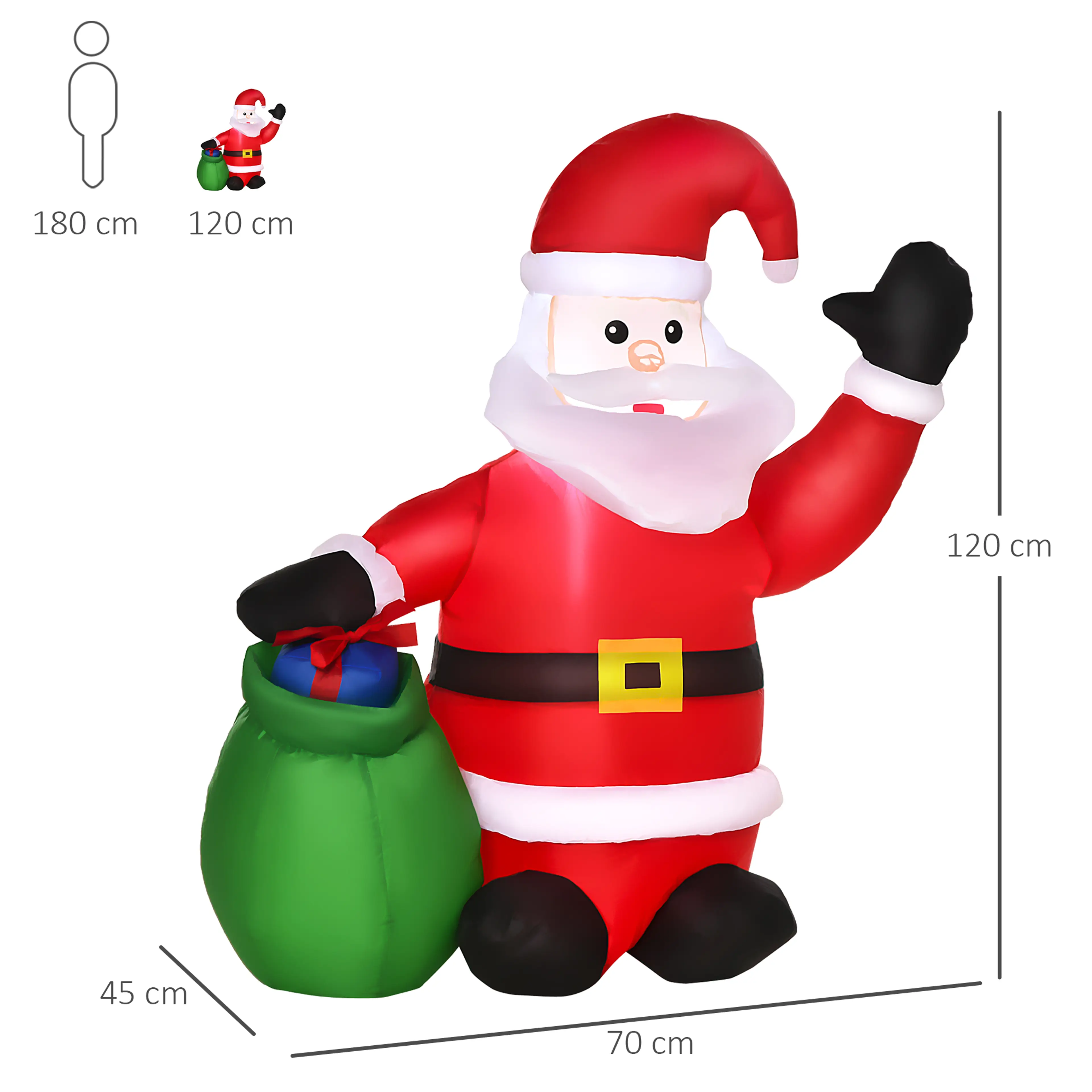 Måttbild: tomten är 120 cm hög, 70 cm bred och 45 cm djup