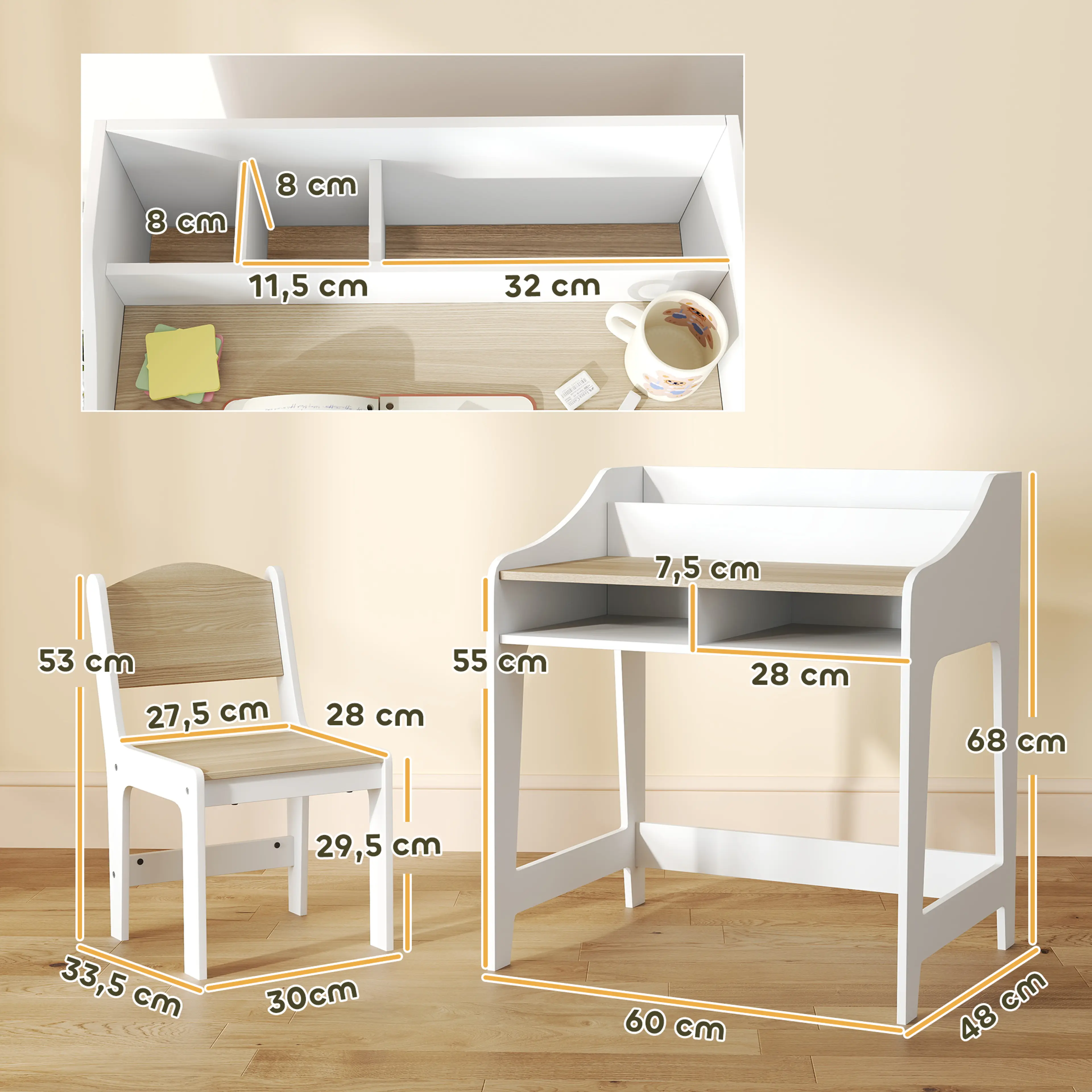Måttbild: skrivbordet är 60 × 48 × 68 cm och stolen 30 × 33,5 × 53 cm