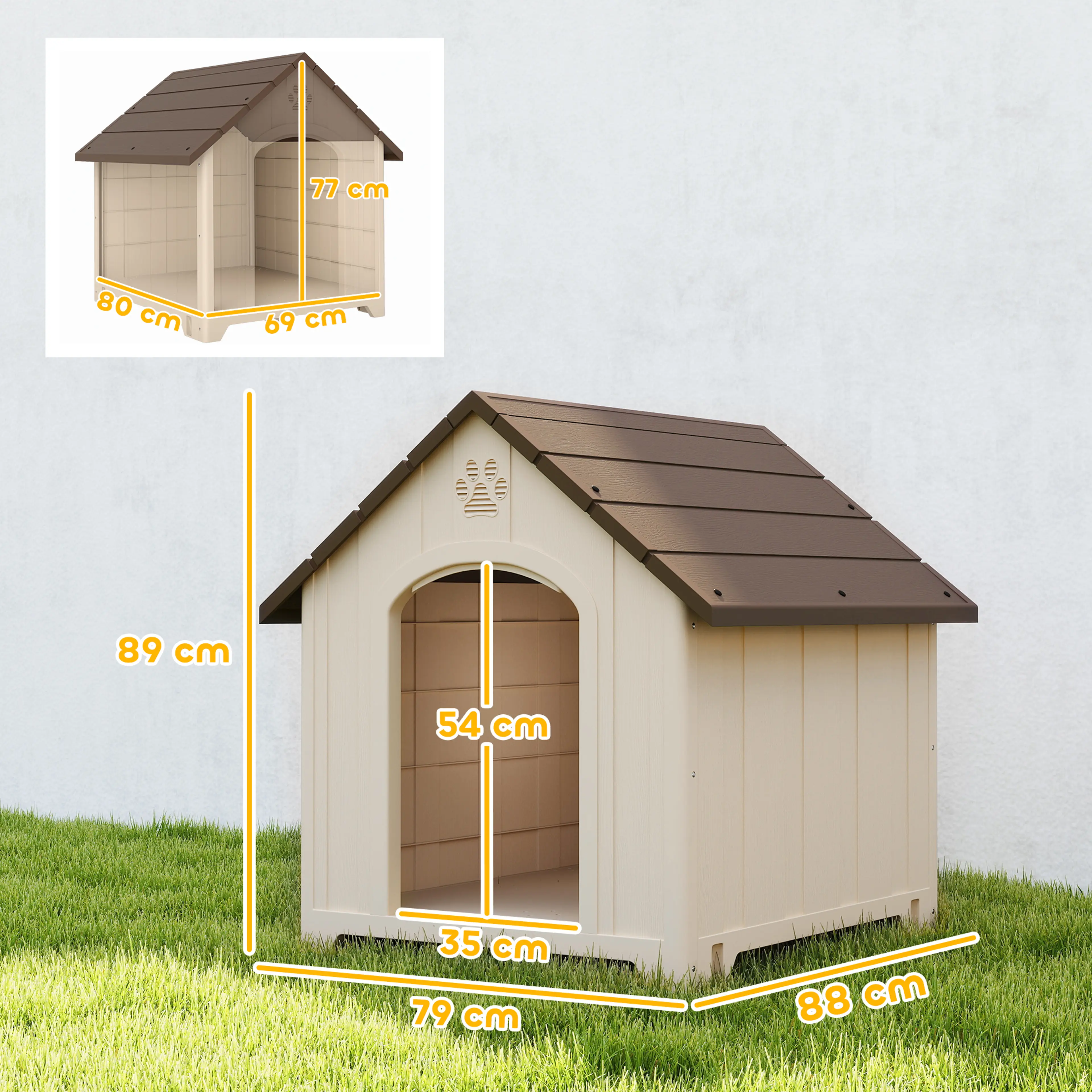 Måttskiss över hundkojan: 88 cm lång, 79 cm bred och 89 cm hög, dörr 35 × 54 cm