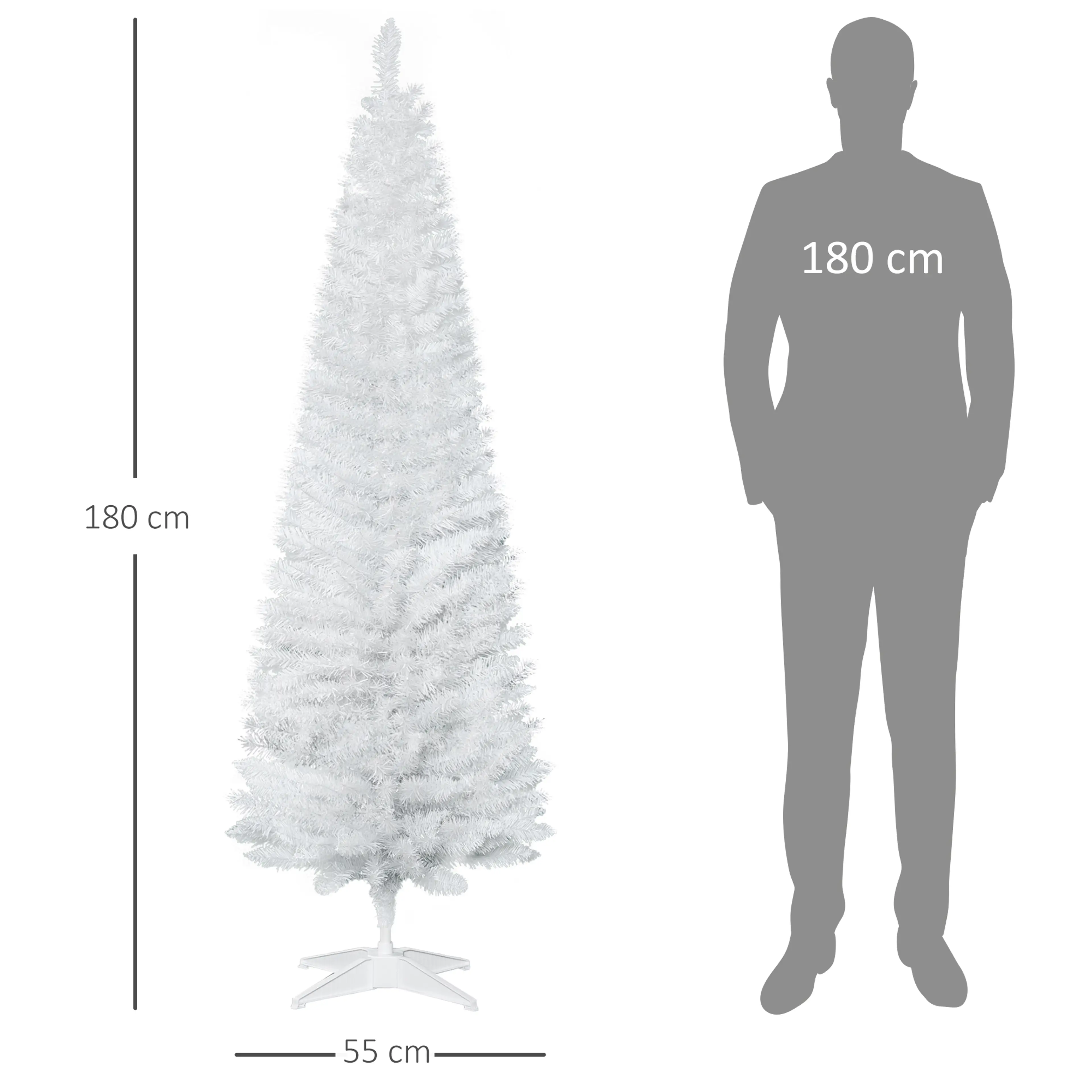 Måttbild med granens mått 180 cm och 55 cm bredvid siluetten av en person